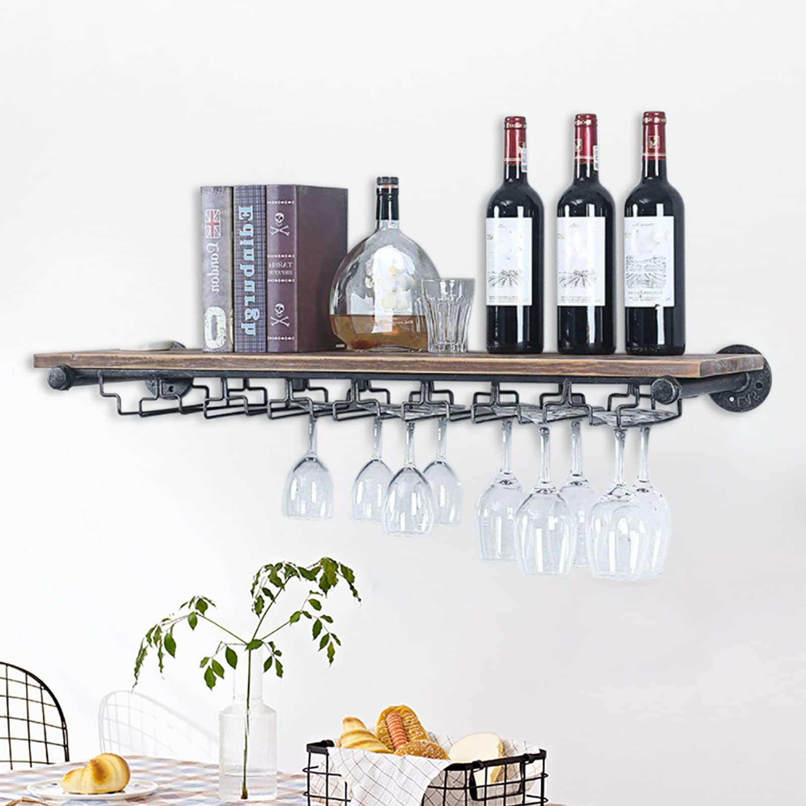 36 Inch Industrial Pipe Wall Mounted Wine Rack & Glass Holder - Rustic Kitchen Decor, Stemware Storage Shelf for Bars, Restaurants & Home Use
