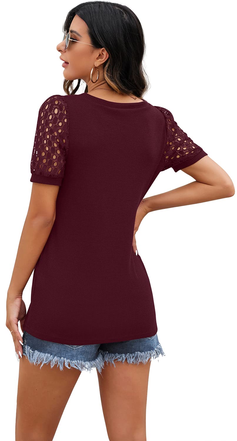 IWOLLENCE Women's Waffle Knit Lace Short Sleeve V-Neck T-Shirt - Summer Casual Blouse Top for Women | Perfect for Beach Outings, Date Nights & Weekend Brunch