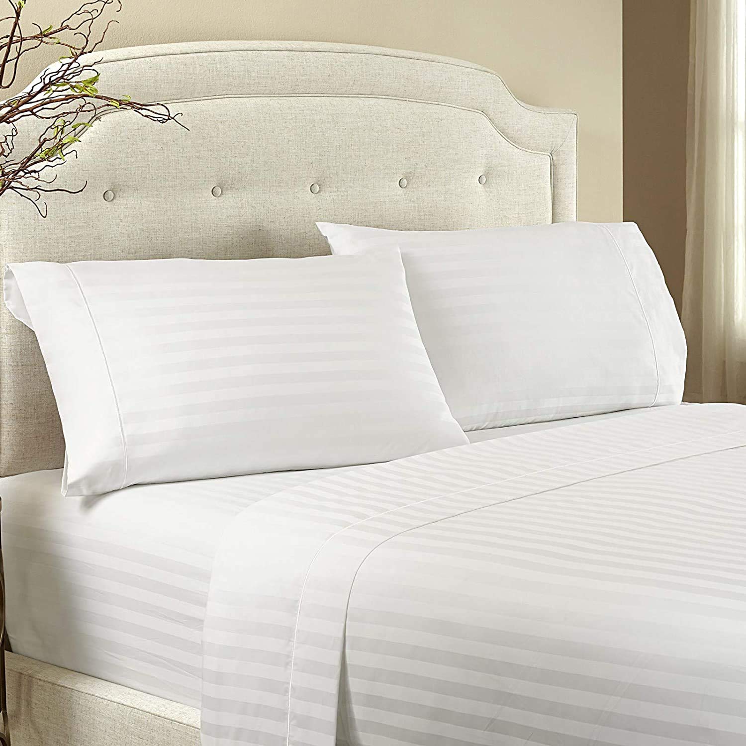 Premium Giza Cotton Sheet Set (4-Piece Queen) - 100% Egyptian Giza Cotton Bedding - Breathable & Luxurious Queen Size Sheets & Pillowcases - White Stripe Design for Ultimate Comfort - Perfect for Master Bedrooms, Guest Rooms & Luxury Hotels