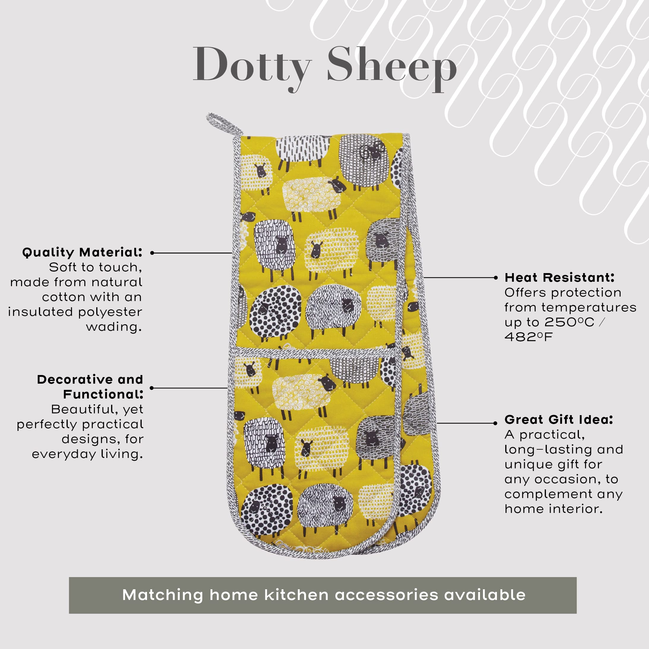 Ulster Weavers Heat Resistant Double Oven Gloves - 100% Cotton & Polyester Kitchen Mittens for Cooking, Baking, Grilling - Machine Washable Sheep Pattern Oven Mitts - Ideal for Home Chefs & Holiday Baking (Dotty Sheep, Yellow)