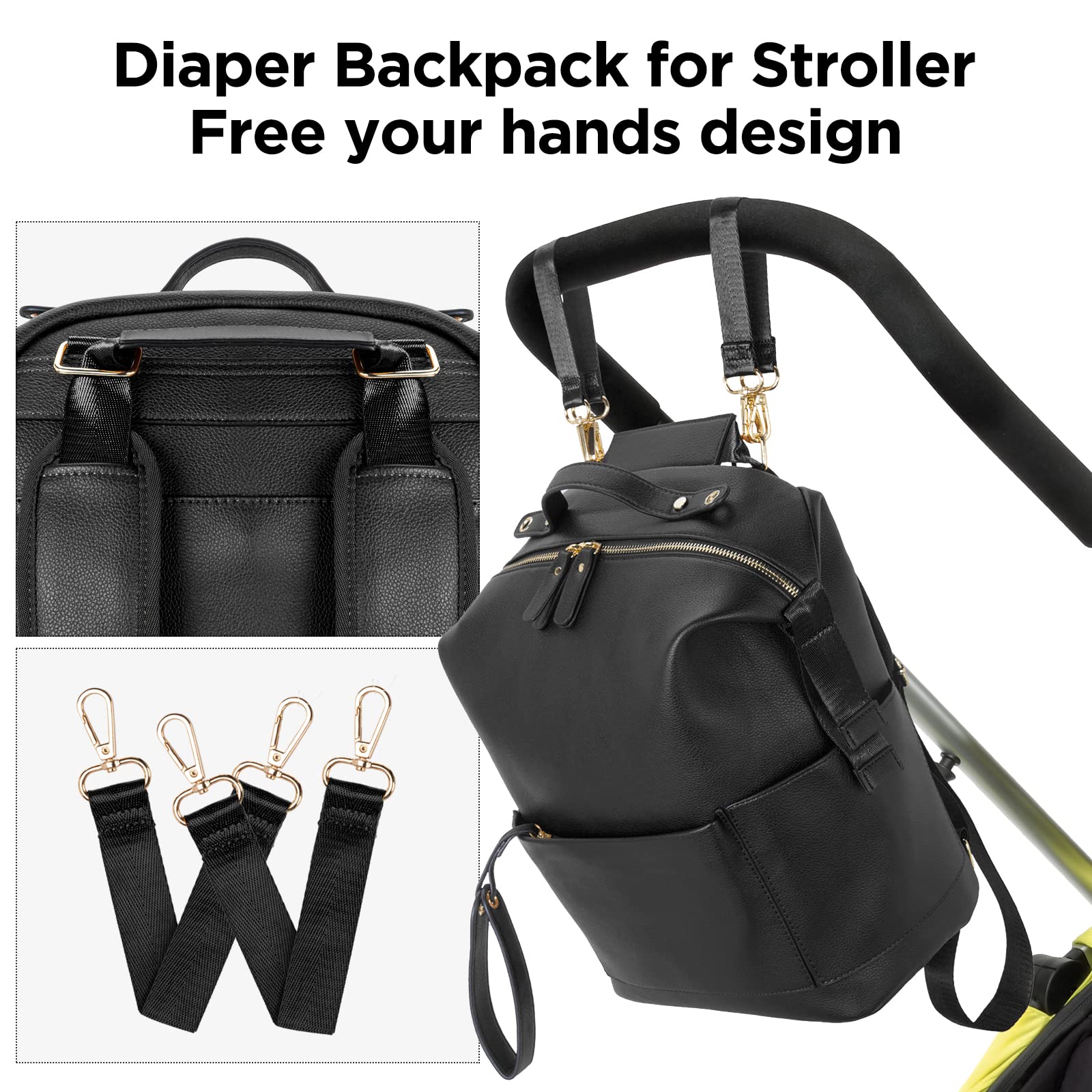 Minsong Fashion Leather Diaper Backpack with Changing Station - Waterproof Baby Bag Organizer for Travel, Hospital & Daily Use - Perfect Diaper Bag for Moms & Dads (Black)