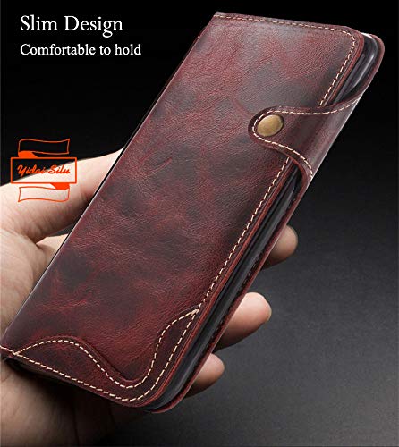 Genuine Cowhide Leather Flip Case for iPhone 13 Pro Max with Magnetic Button, Wristband & Card Holder | Shockproof TPU Bumper Wallet Phone Cover (6.7