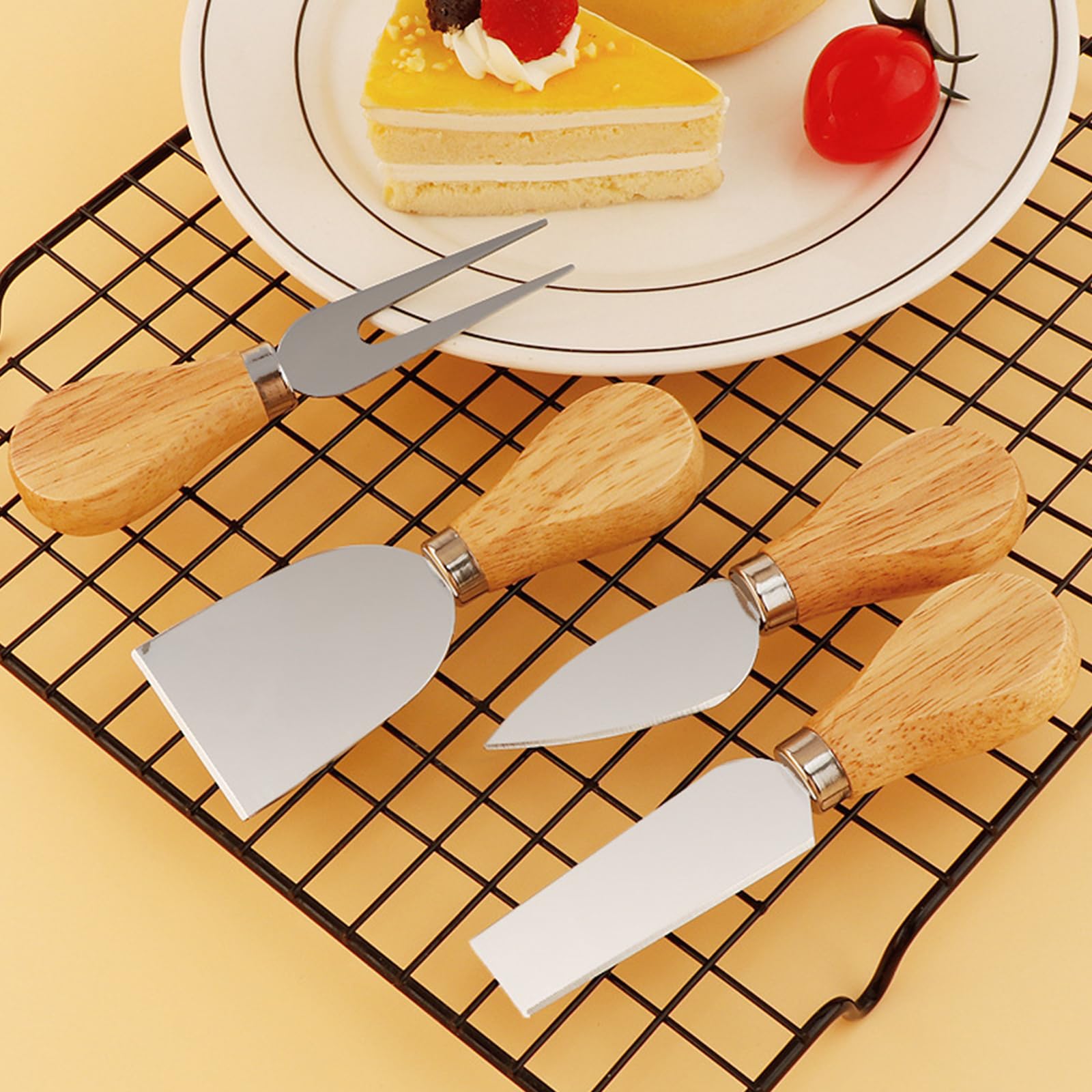 4-Piece Cheese Knife Set with Wooden Handle - Stainless Steel Cheese Slicer, Fork & Spreader - Perfect for Cheese, Butter, Pizza & Cake Cutting - Ideal Gift for Cheese Lovers & Kitchen Use