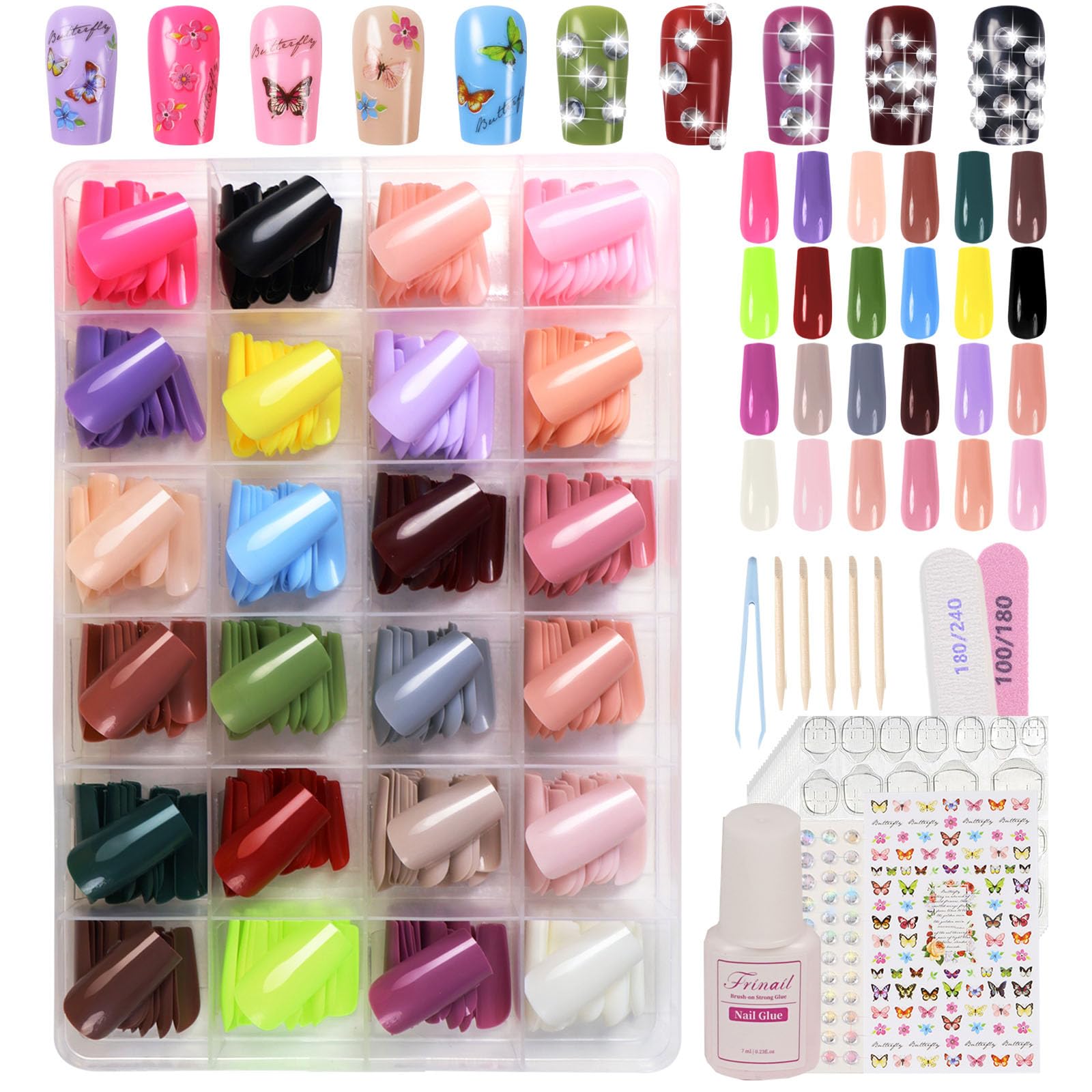 576PCS 24 Color Long Coffin Press On Nails Kit - Glossy Ballerina Fake Nails with Stickers, Acrylic Square Nail Art for DIY Manicure | Perfect for Parties, Weddings, and Special Occasions