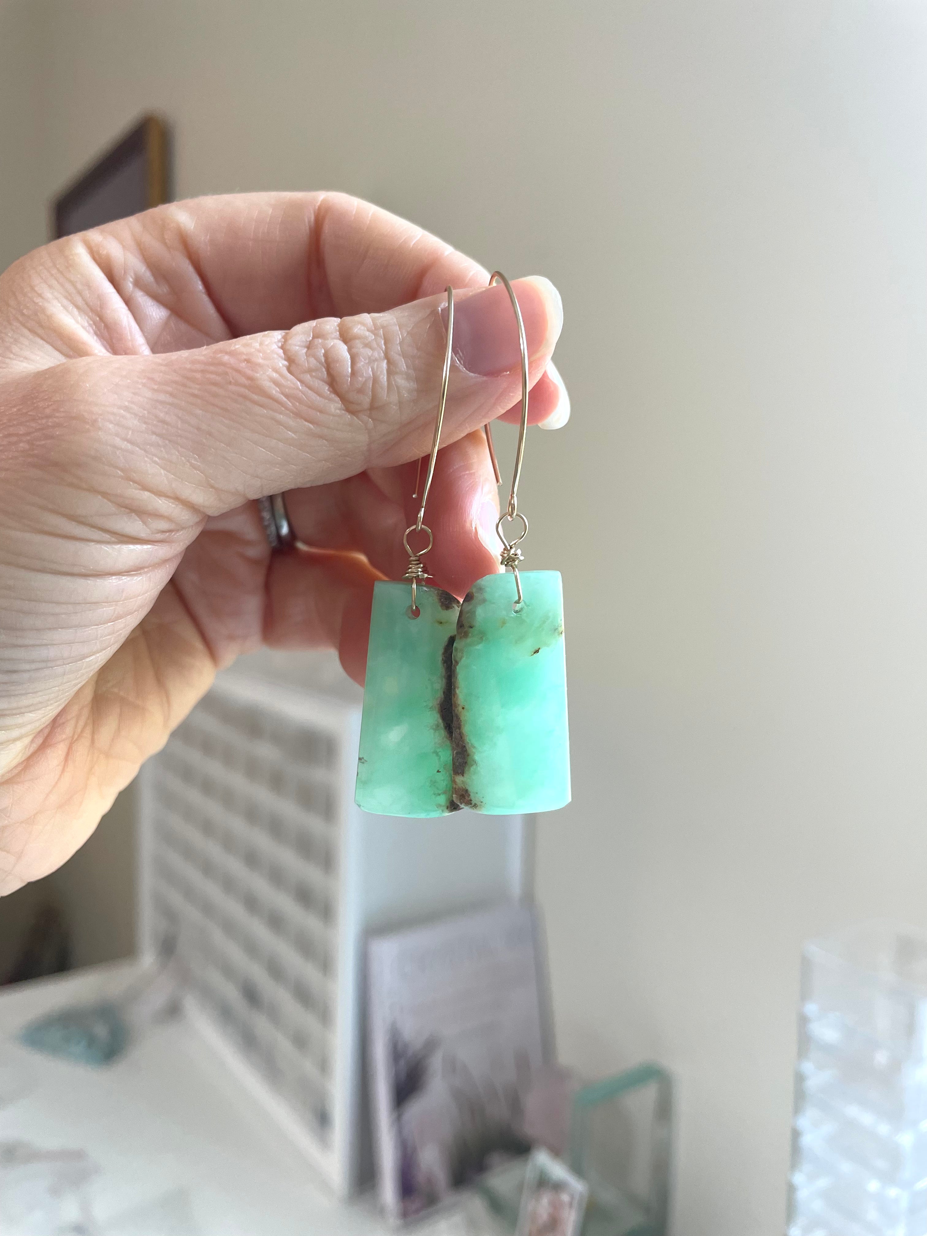 Green Chrysoprase Gold Filled Statement Crystal Gemstone Earrings for Women | Elegant Dangle Drop Earrings for Party, Wedding & Special Occasions