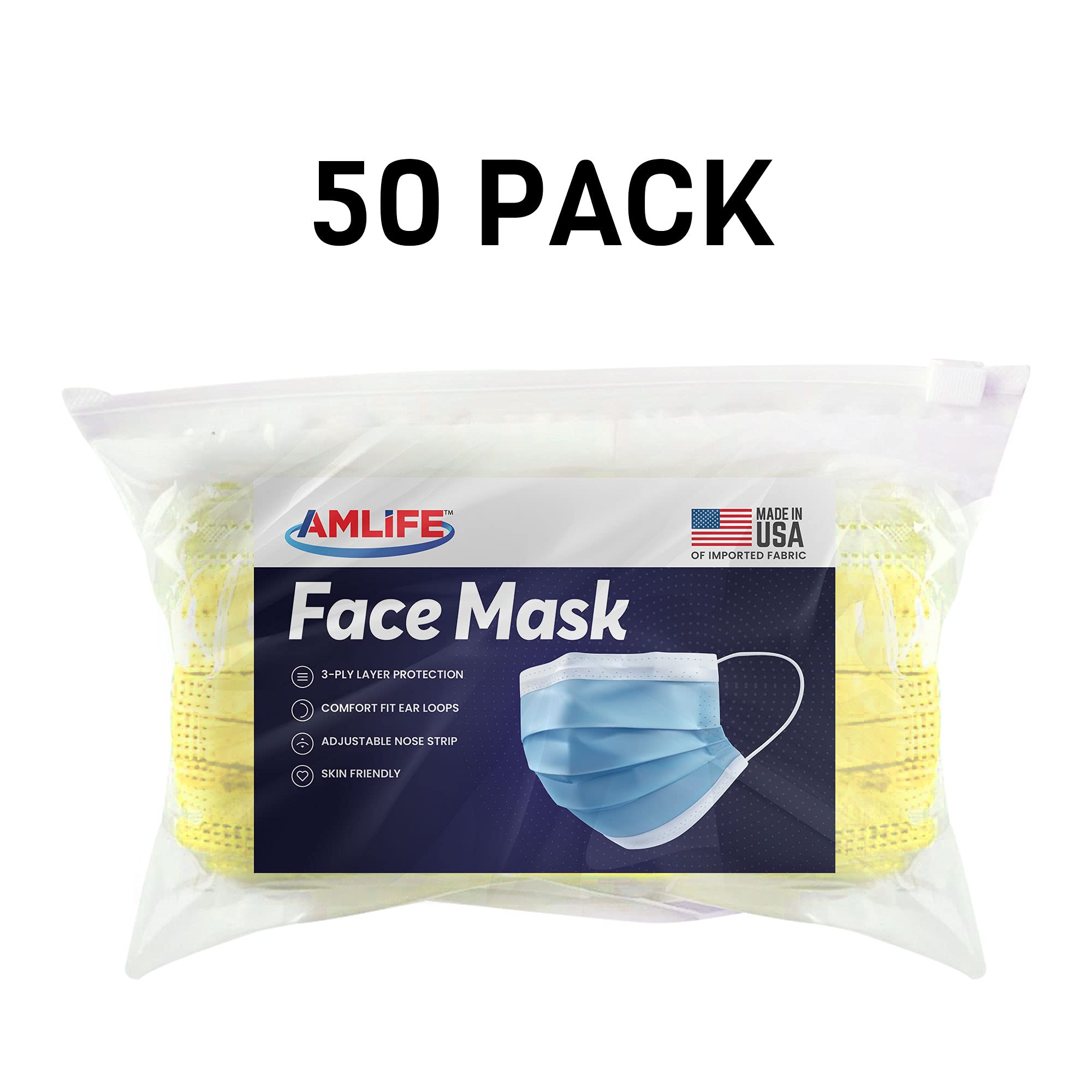 AMLIFE 3-Ply Disposable Face Masks [50 Pack] - Made in USA - Yellow for Daily Protection