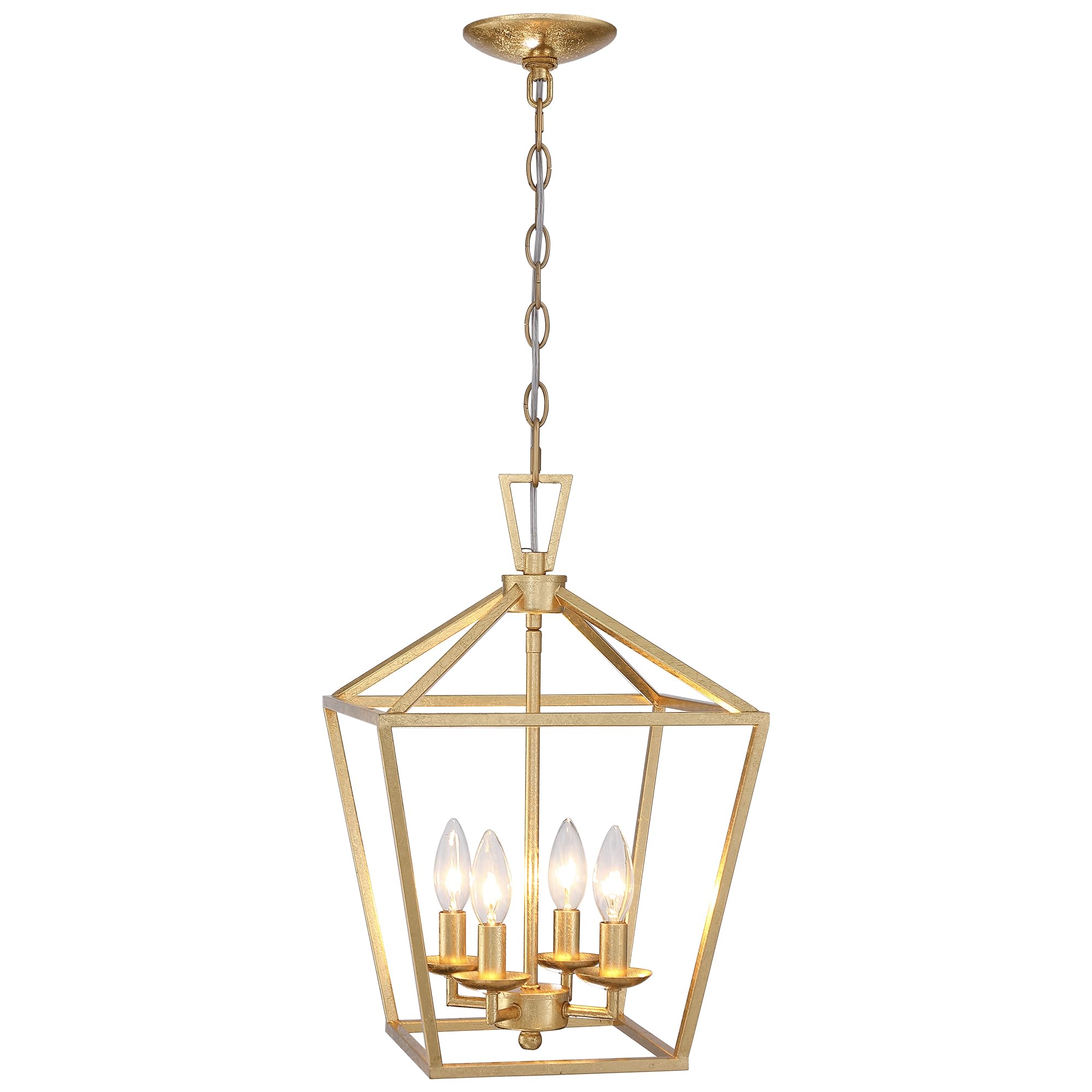 Untrammelife 4-Light Aged Gold Lantern Pendant Light - Adjustable Height Metal Geometric Chandelier with 12’’ Classic Cage Design & Hand-Pasted Gold Foil Finish - Perfect for Kitchen Island, Dining Room, Hallway, and Entryway Lighting