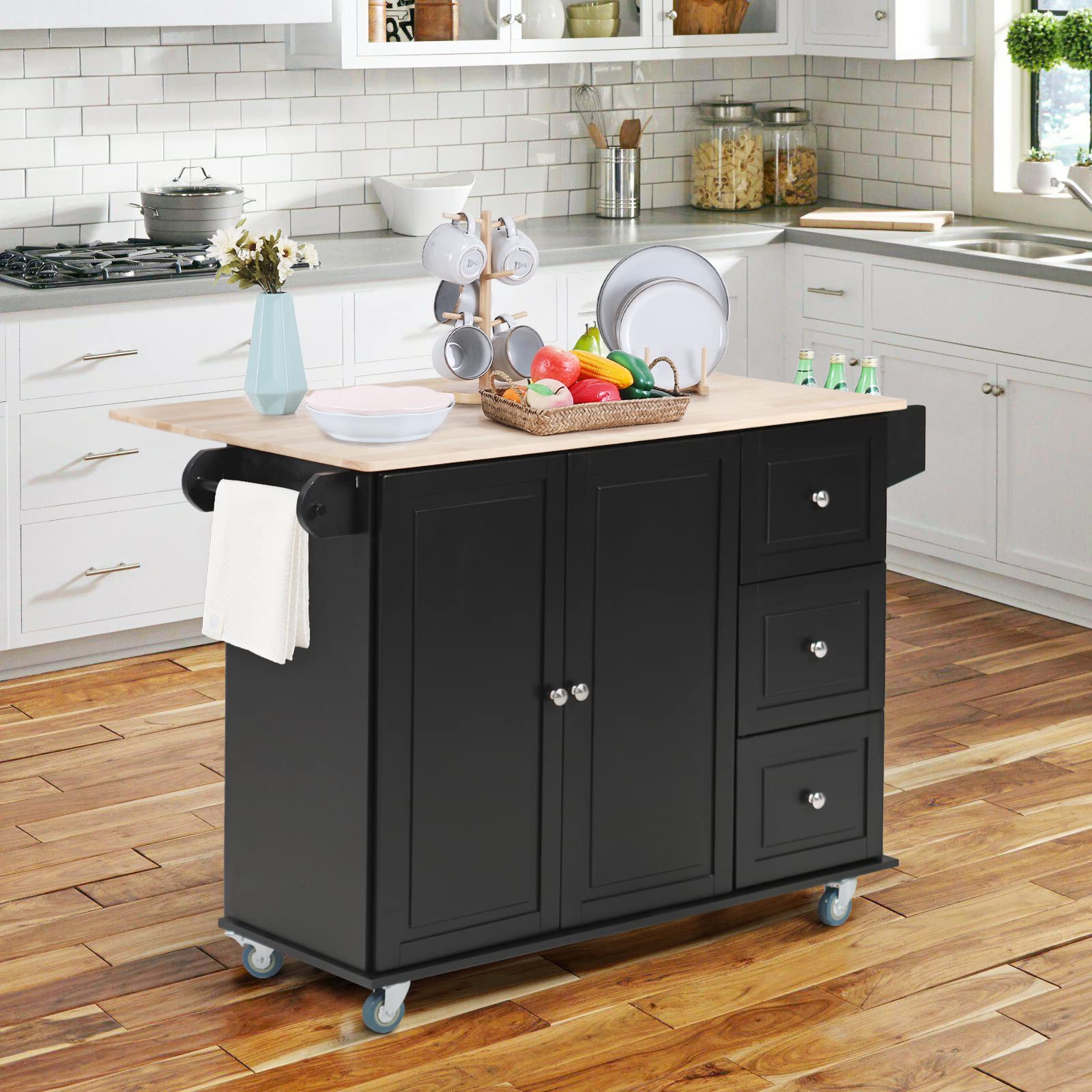 MAISON ARTS Rolling Kitchen Island Cart with Drop Leaf, 3 Drawers, Spice & Towel Rack - Mobile Storage Cabinet with Rubber Wood Countertop for Small Kitchen, Dining Room or Pantry Organization (Black) - Perfect for Extra Prep Space, Entertaining Guests & Compact Kitchen Storage