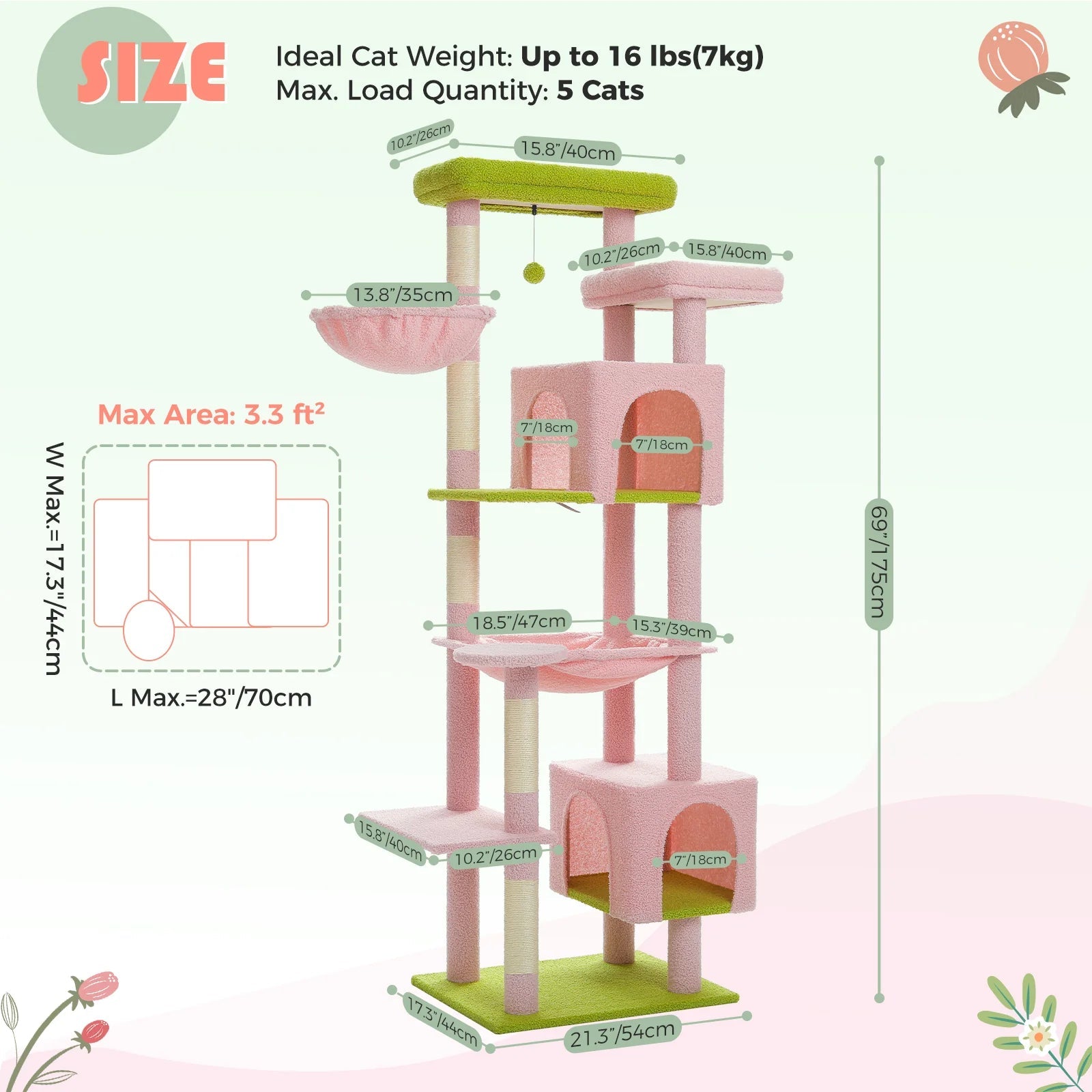 7-Level Cat Tree Tower with Scratching Posts & Condo - 175cm Tall in Pink or Green - Perfect for Indoor Cat Play & Climbing
