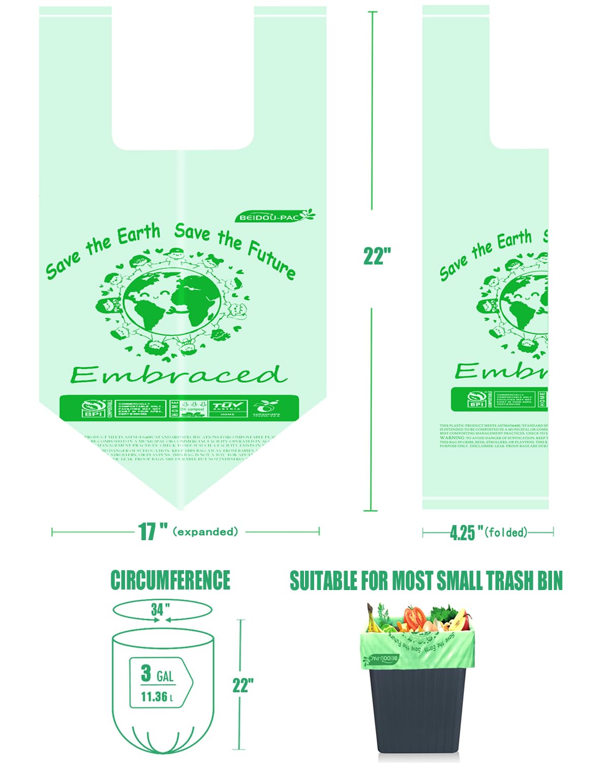 Eco-Friendly 3 Gallon Compostable Trash Bags with Handles - 200 Count Biodegradable Kitchen Waste Bags for Food Scraps & Organic Waste | ASTM D6400 & BPI Certified | Perfect for Home Composting, Kitchen Waste Disposal & Sustainable Living