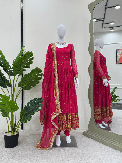 Elegant Red Georgette Gold Sequins Anarkali Suit Set for Women - UK Next Day Delivery - Perfect for Weddings, Parties & Festive Occasions