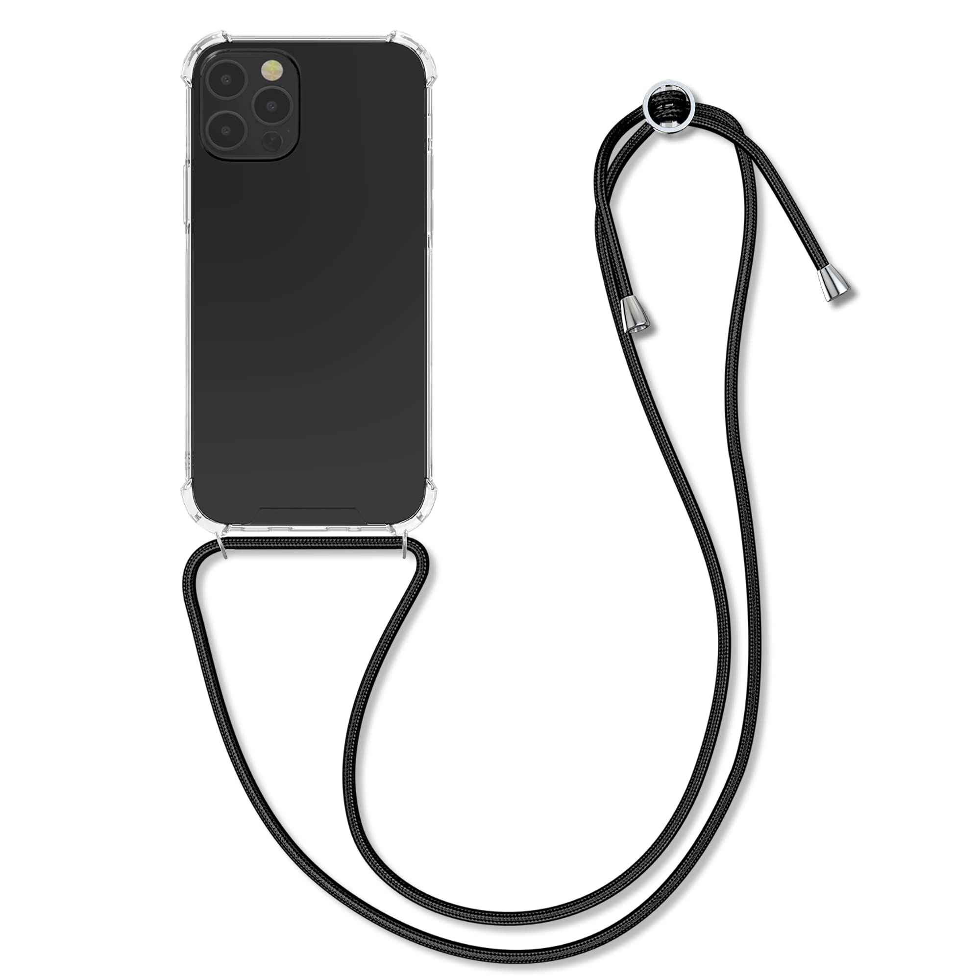kwmobile Clear TPU Crossbody Phone Case Compatible with Apple iPhone 12 & iPhone 12 Pro - Protective Cover with Adjustable Lanyard Strap (Black/Transparent) - Perfect for Travel, Shopping & Outdoor Activities