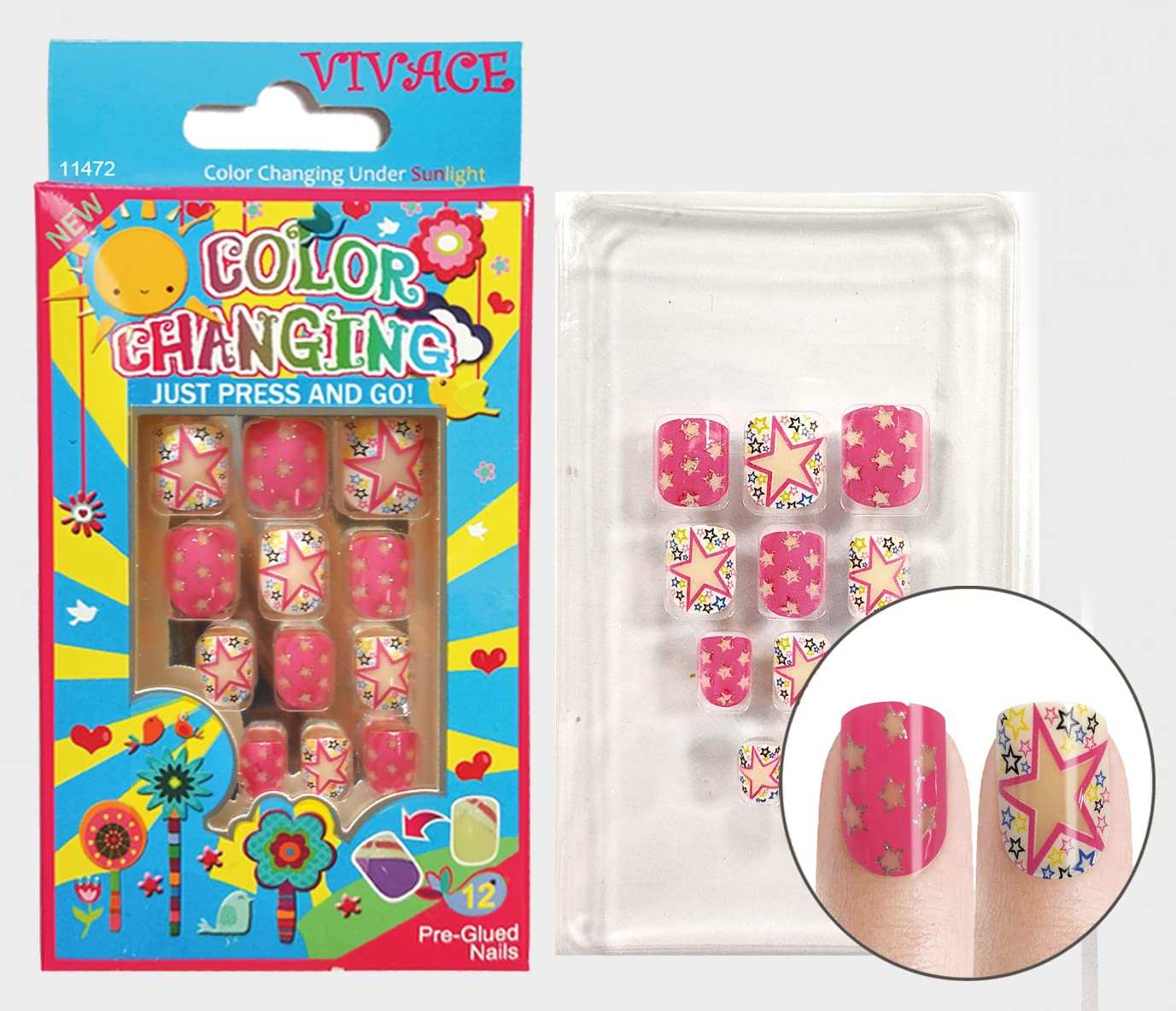 Vivace 4Pack 48 Tips Color Changing Press On Nails - Sun Activated Fake Nails with Glue for Women & Teens - Perfect for Summer, Beach, Pool Parties & Outdoor Activities