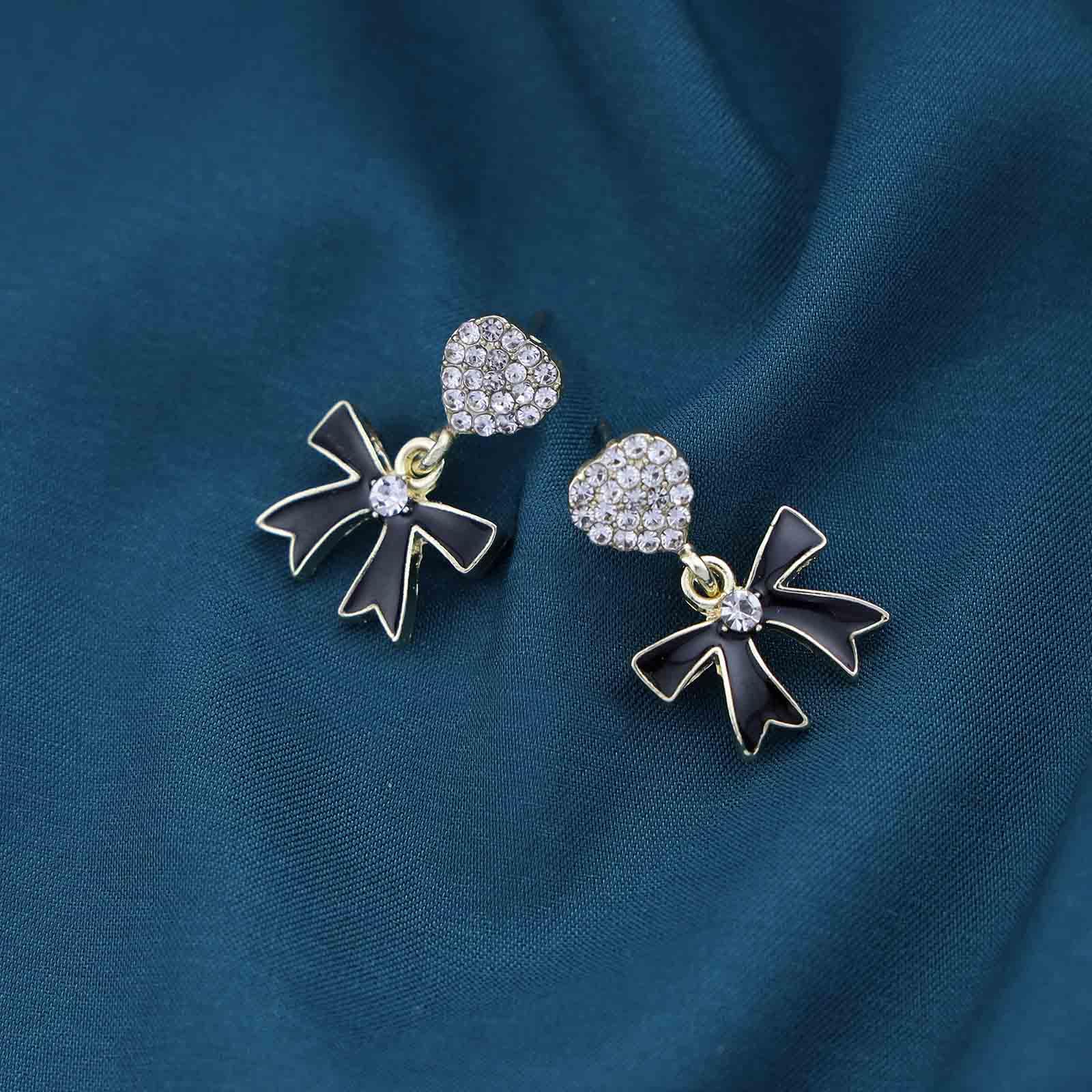 Bohemian Crystal Heart Bow Dangle Earrings - Black Enamel Drop Earrings with Gold CZ & Rhinestone Accents for Women & Girls | Perfect for Parties, Weddings & Gift Giving