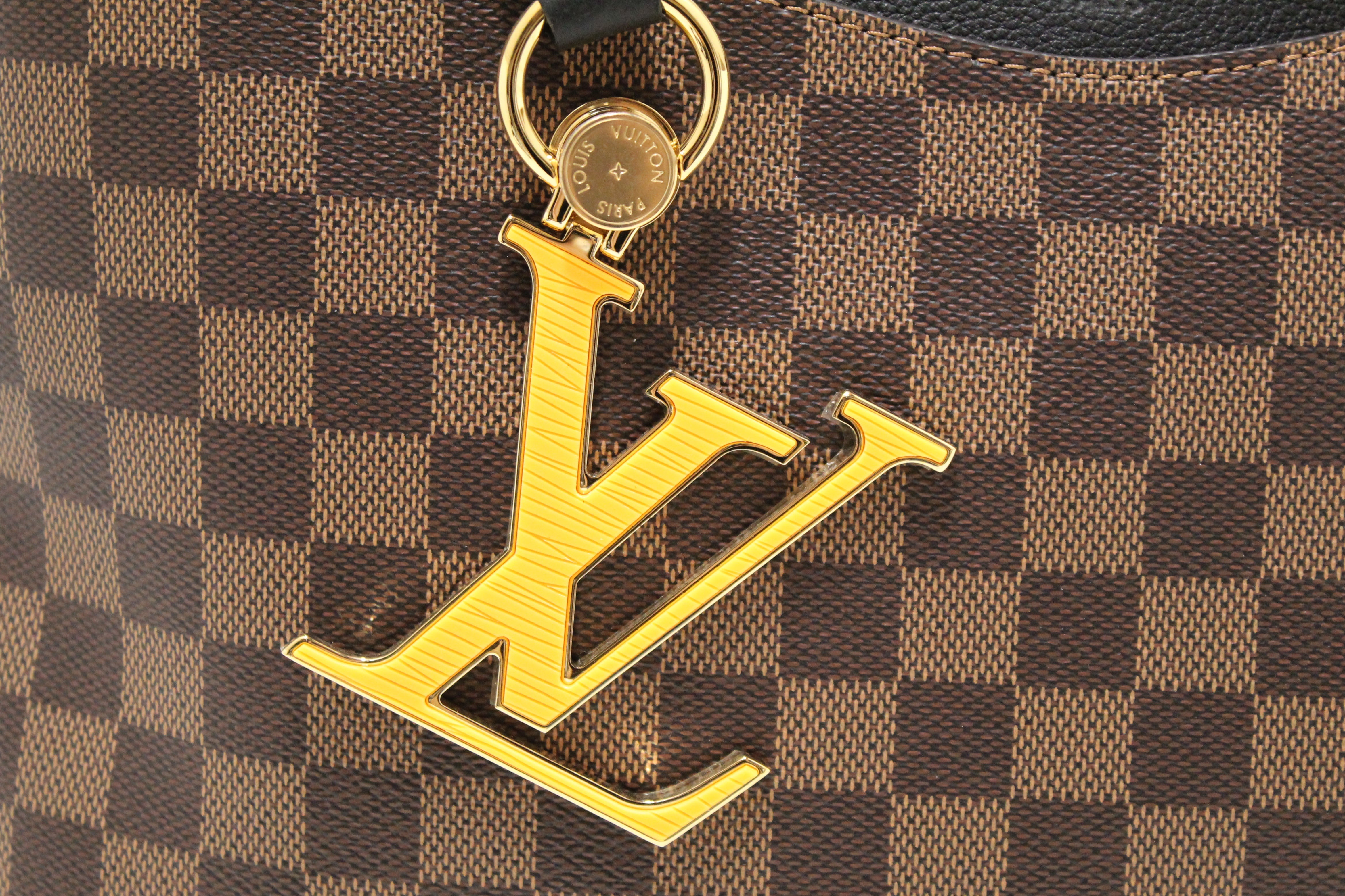 Authentic Louis Vuitton Damier Ebene Canvas Riverside Bag with Black Leather Trim - Luxury Designer Handbag for Women, Perfect for Work, Travel & Everyday Use