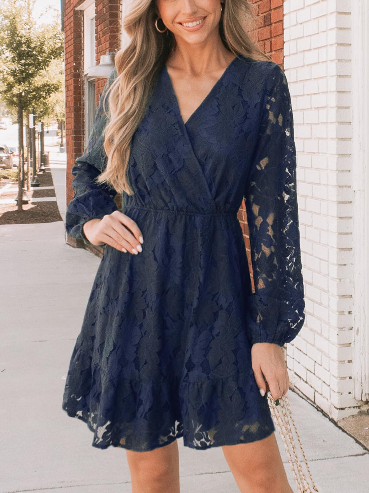 CUPSHE Women's Elegant V-Neck Lace Peasant Sleeve Summer Dress - Elastic High Waist A-Line Mini Dress for Wedding Guest, Beach Vacation & Casual Outings