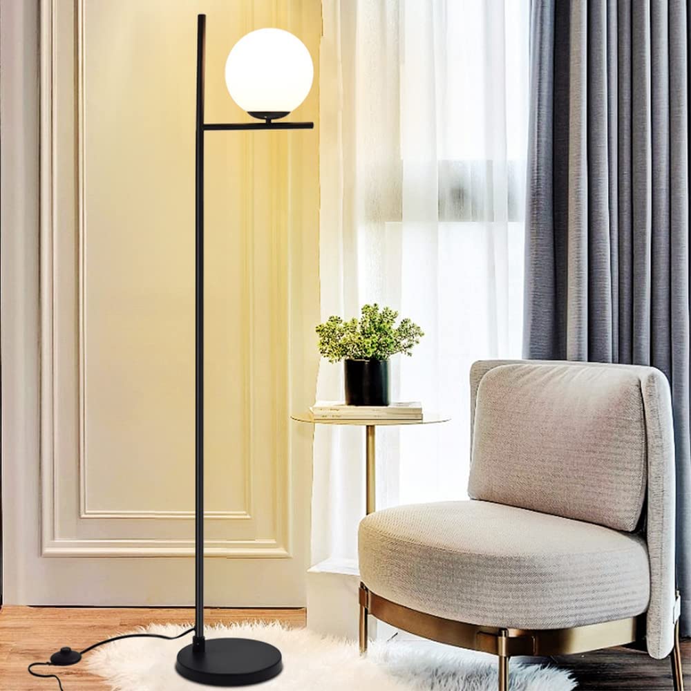 Modern LED Sphere Floor Lamp - 9W Frosted Glass Globe Standing Light for Bedroom, Living Room & Office - Mid Century Tall Pole Accent Lighting - Energy Saving Black Floor Lamp for Home Decor & Ambiance