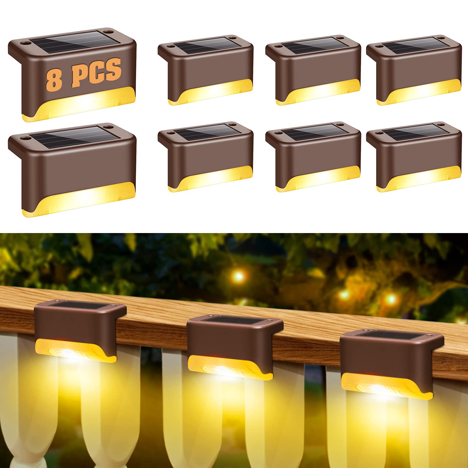 8 Pack Solar Deck Lights Outdoor Waterproof - Warm White Solar Fence Post Lights for Pathway, Yard, Patio, Stairs & Steps | Durable Solar Powered Outdoor Lighting for Gardens, Walkways & Landscape Decoration