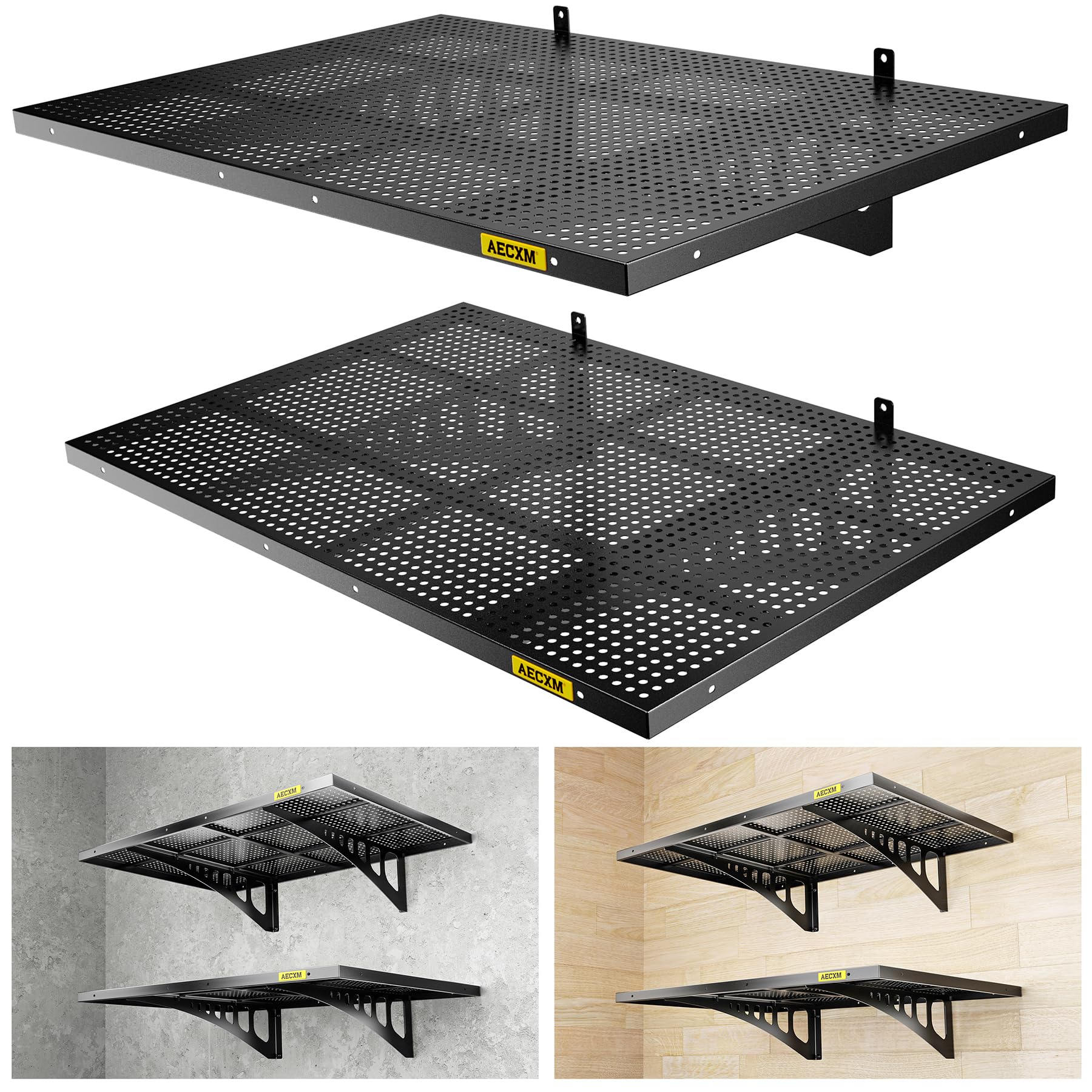 **2-Pack Heavy Duty Black Garage Storage Wall Shelves - 2x3ft Sturdy Metal Rack for Garage Organization, Workshop & Home Storage**