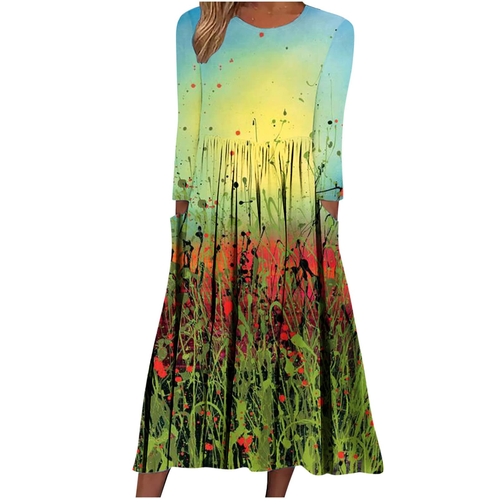Women's Floral Print Long Sleeve T-Shirt Dress - Fall Winter Casual Loose Pleated Midi Dress with Pocket | Crew Neck Comfort Wear for Daily Outfits, Office & Date Nights