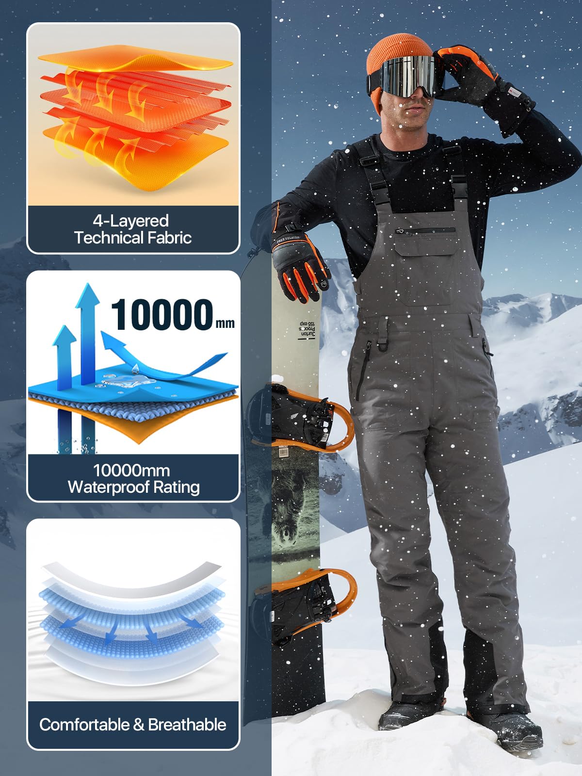 FREE SOLDIER Men's Waterproof Insulated Snow Bib Overalls - Windproof Softshell Ski Pants for Winter Sports & Outdoor Activities - Perfect for Skiing, Snowboarding & Cold Weather Adventures