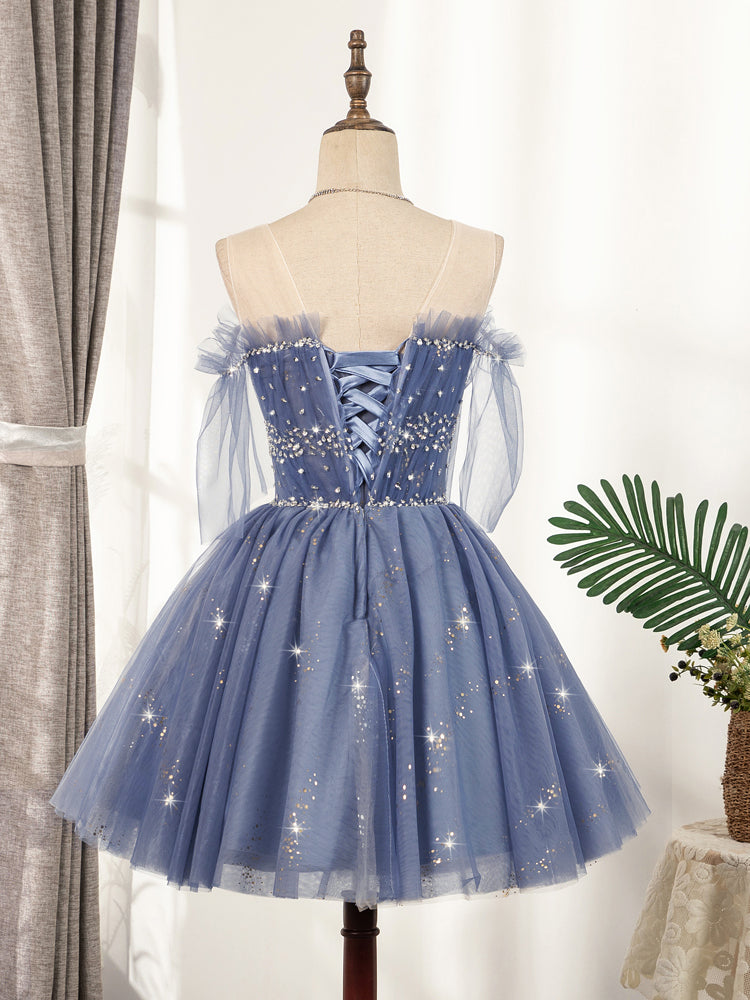 Blue Tulle Sequin Short Prom Dress - Sparkly Puffy Homecoming Party Gown for Teens | Perfect for Dances, Formals & Special Occasions