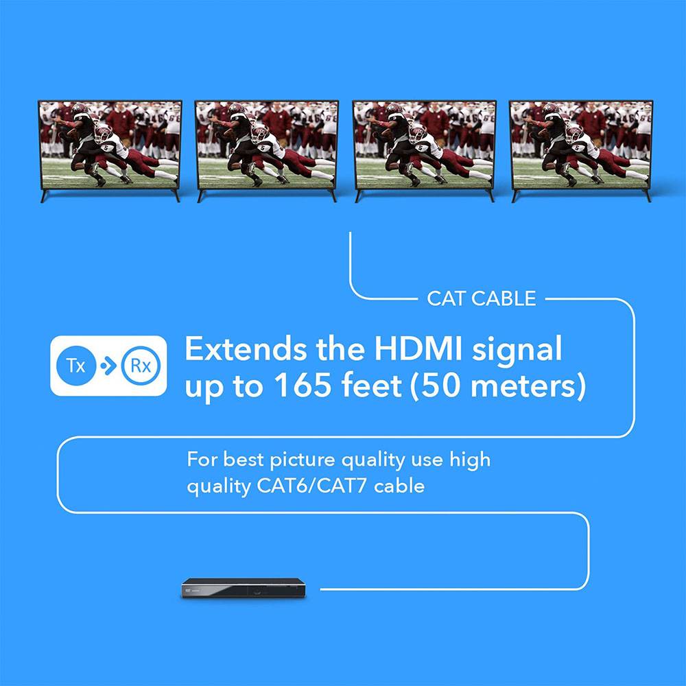 1x4 HDMI Extender Splitter Over CAT6 Cable - 4K 60Hz HDR Up to 165ft (70m) - HD14 EX165 K for Home Theater, Gaming & Conference Room Setup
