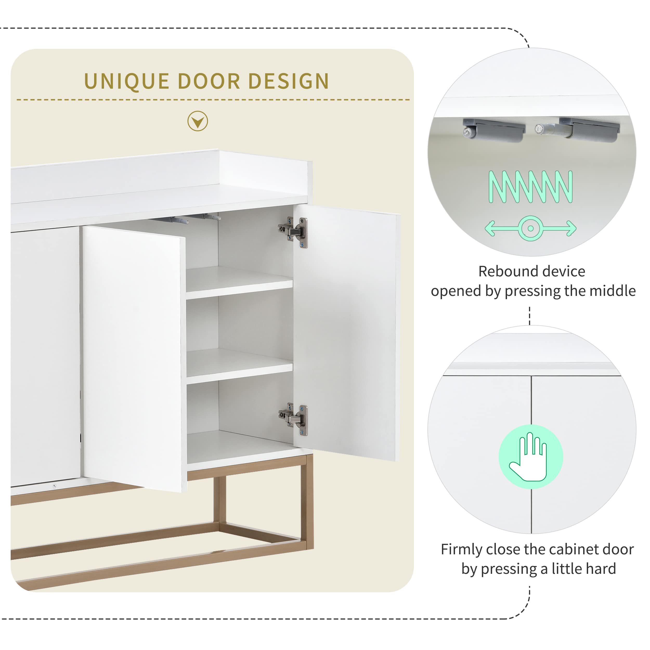 Modern Sideboard Buffet Cabinet with 4 Doors & Display Shelves - Elegant Storage Cupboard with Gold Metal Base for Dining Room, Entryway, Kitchen - Perfect for Home Organization & Stylish Display (White)