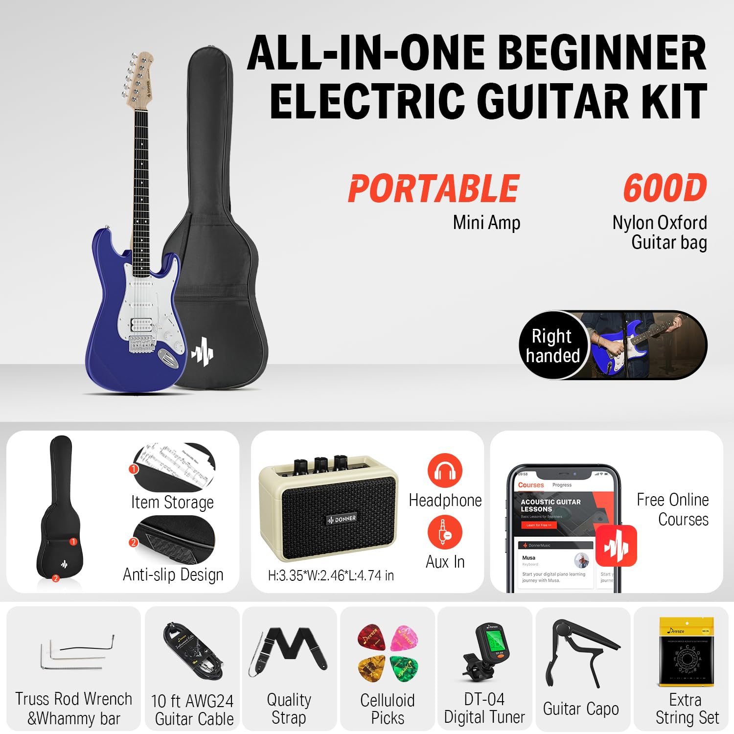 Donner 39-Inch Electric Guitar Kit with HSS Pickup - Purple Sapphire Blue Finish, Amp, Gig Bag, Tuner, Capo, Strap, Cable & Picks | Complete Starter Set for Beginners, Practice & Live Performances