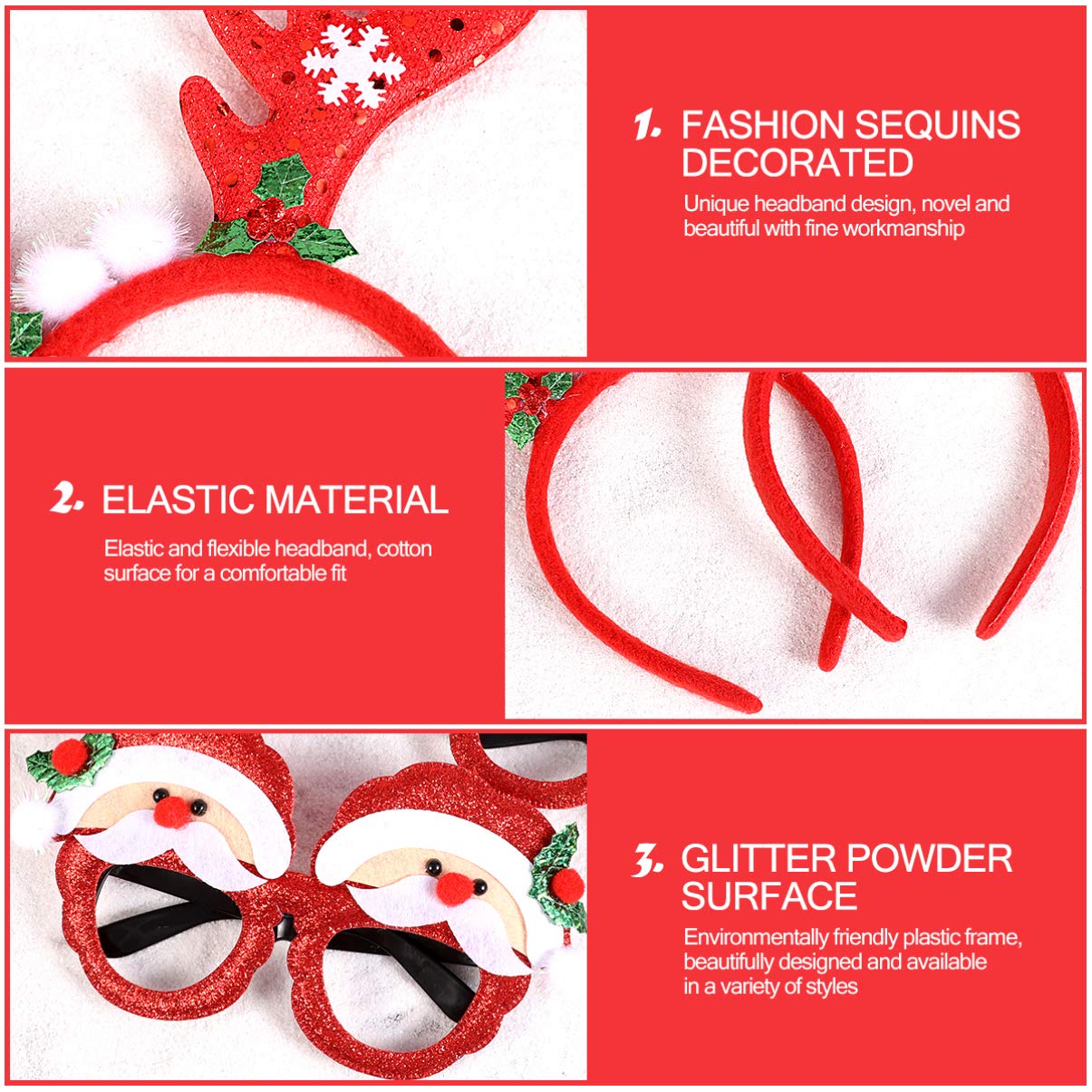 Toyvian 4pcs Christmas Glitter Headbands & 4pcs Party Eyeglasses Set - Kids Holiday Party Accessories for Christmas, Birthday, New Year Celebrations & Photo Booths