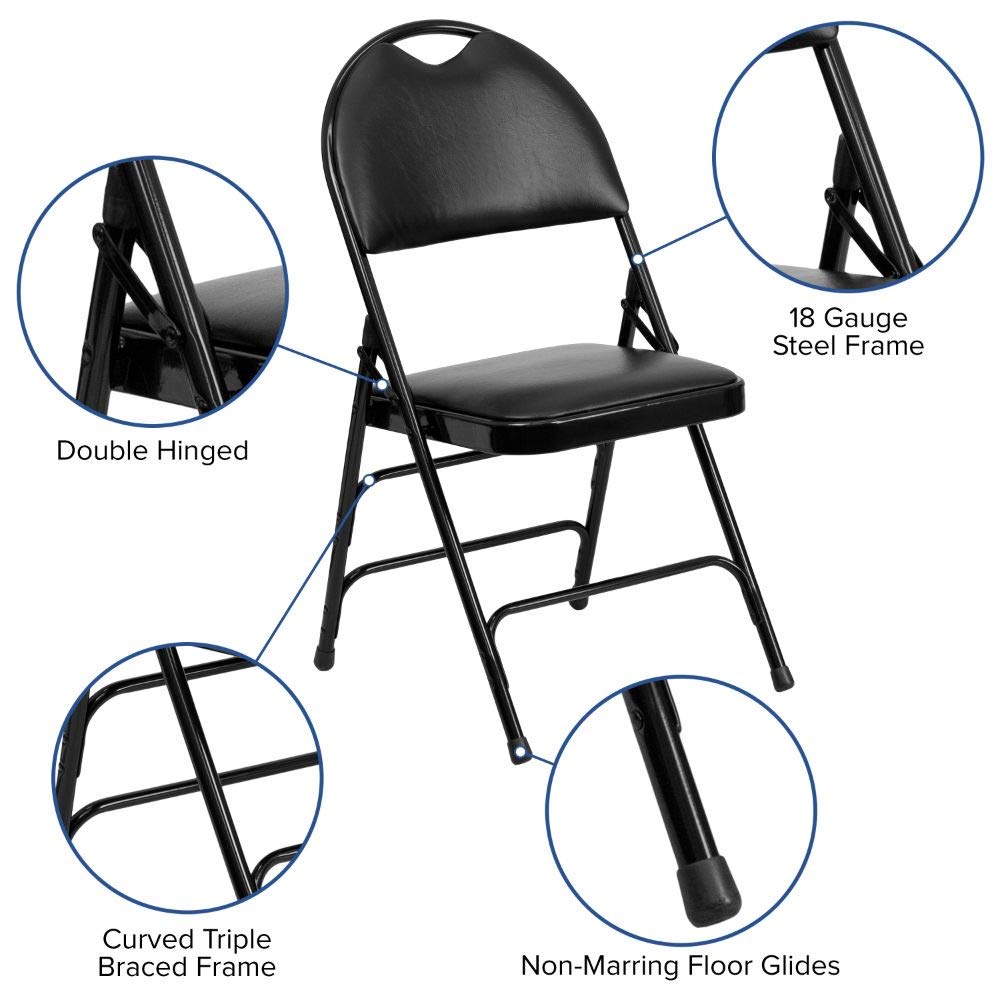 Flash Furniture 2 Pack HERCULES Series Heavy Duty Black Vinyl Metal Folding Chairs - Triple Braced Frame, Easy-Carry Handle - Perfect for Events, Parties, Weddings & Home Use
