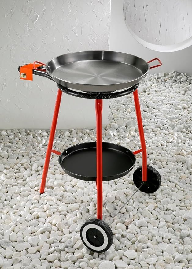 Andreu 18-Inch (46 cm) Carbon Steel Paella Pan Set with Double Ring Propane Gas Burner & Wheeled Stand - 12 Servings | Perfect for Outdoor Cooking, Parties, and Spanish Cuisine