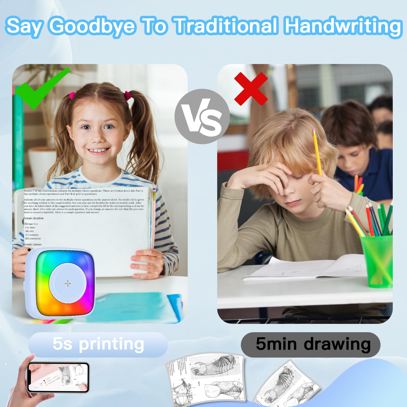 Mini Sticker Printer with 6 Rolls Paper - Portable Thermal Label Maker for DIY Scrapbooking, Travel Journaling, Note Taking & Memos - 7 Color LED Light Modes - iOS & Android Compatible - Perfect for Home Office, School Projects & Gift Giving