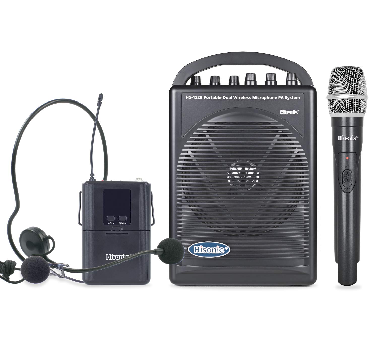 Hisonic HS122B-HL Rechargeable Portable PA System with Dual UHF Wireless Microphones (1 Handheld + 1 Belt-Pack) - Perfect for Outdoor Events, Public Speaking & Live Performances