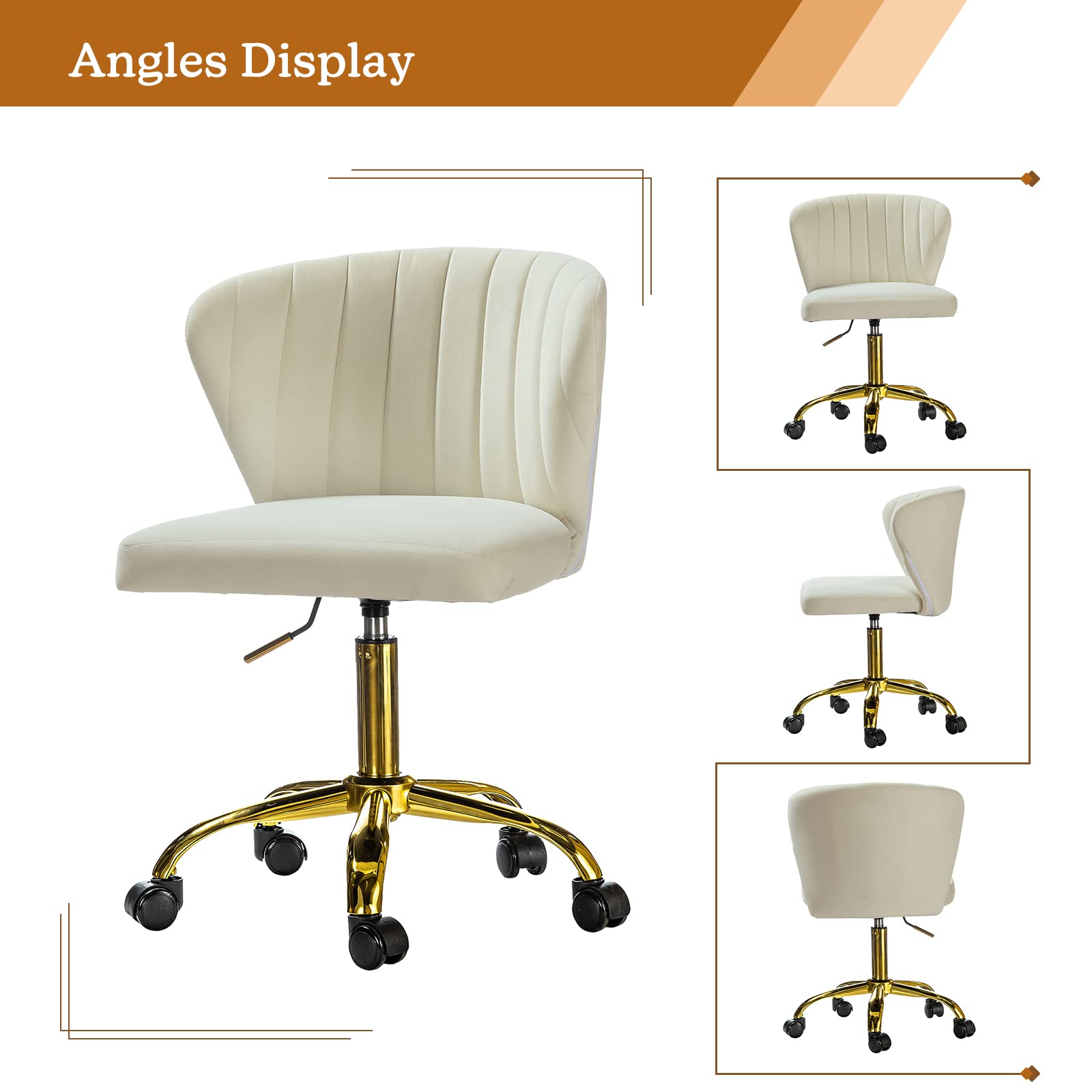 TINA'S HOME Modern Velvet Office Chair with Wheels & Gold Base - Adjustable Low Back Swivel Rolling Task Chair, Armless Upholstered Desk Chair for Home Office, Living Room, Vanity or Study - Ivory