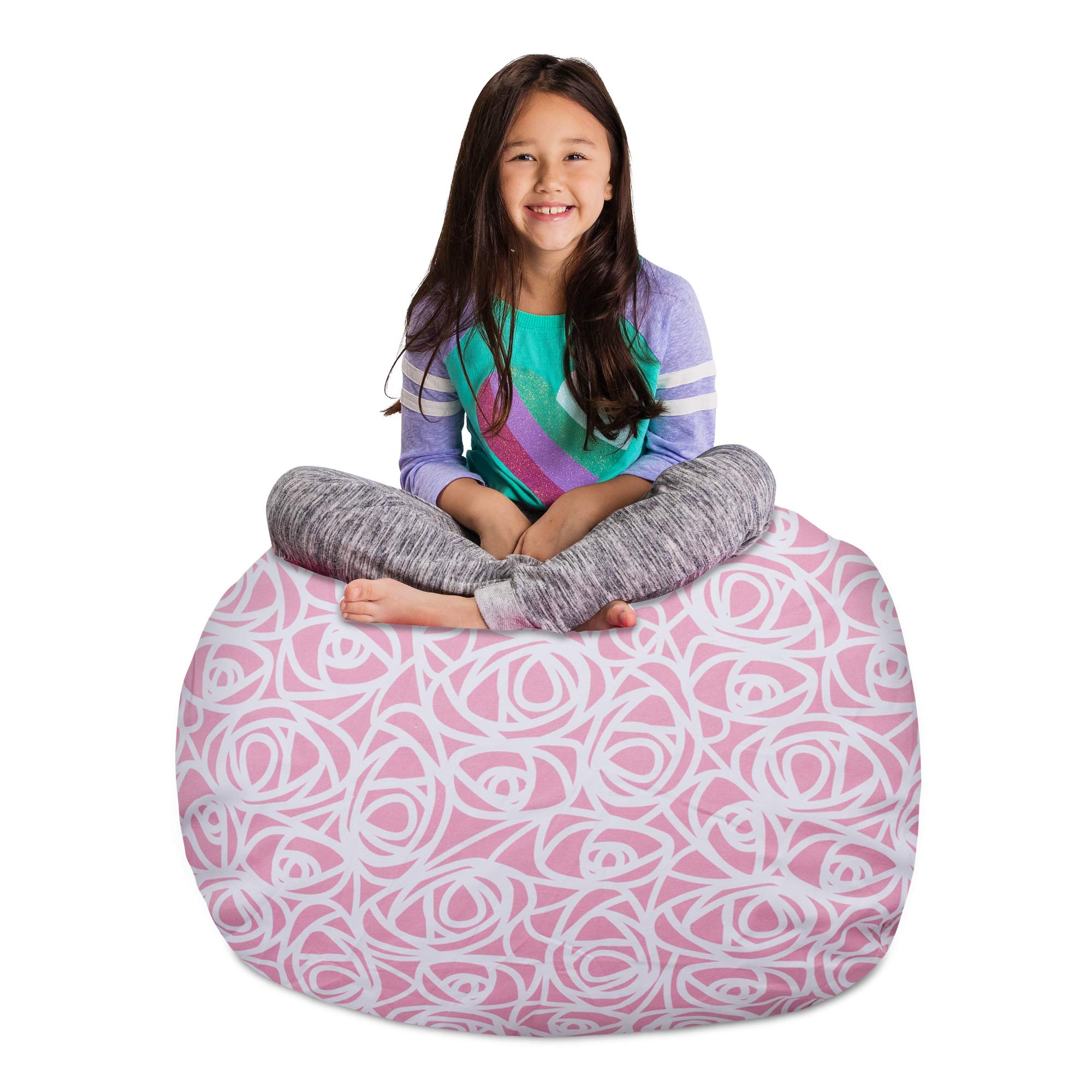 Posh Creations Kids Stuffed Animal Storage Bean Bag Chair Cover - Large 38in Toy Organizer for Children, Pink Canvas Roses Design - Perfect for Nursery, Playroom & Bedroom Organization