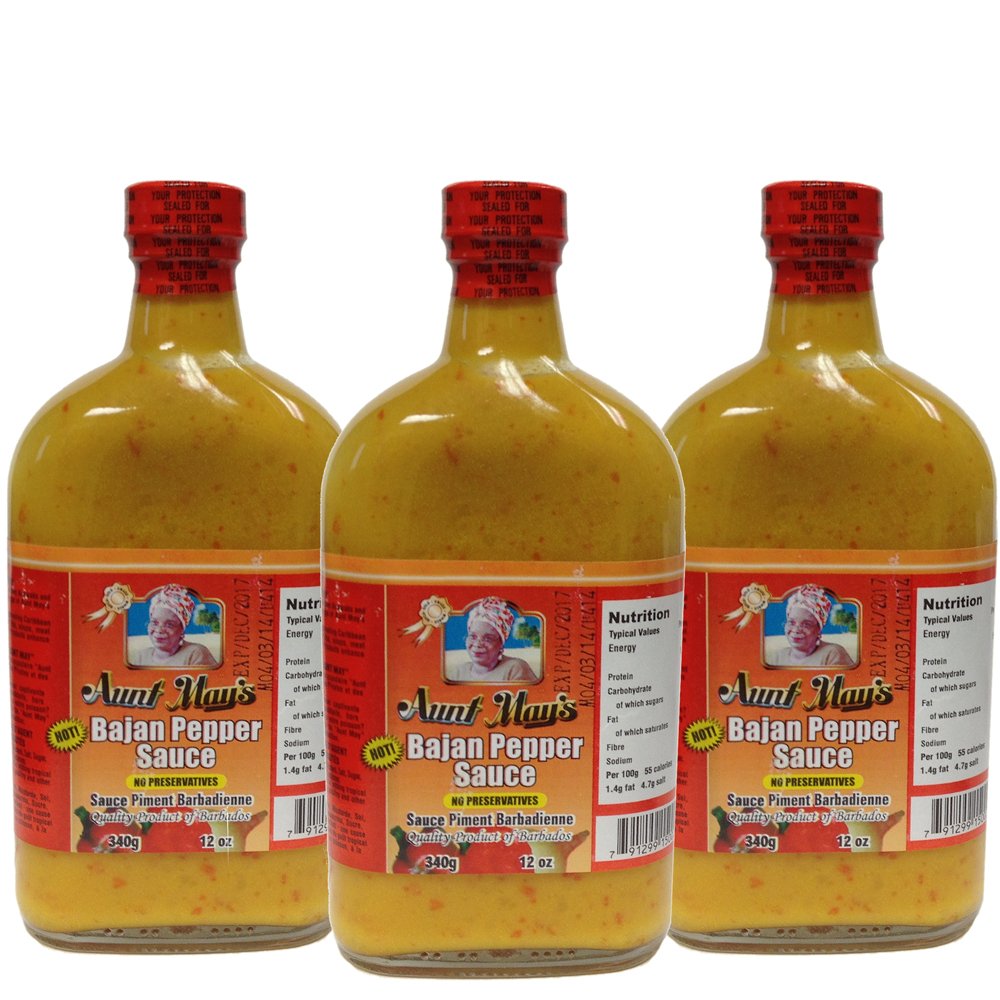 Aunt May's Hot Bajan Pepper Sauce - 12 Oz (Pack of 3) - Authentic Caribbean Flavor - Perfect for Grilling, BBQ & Spicy Food Lovers