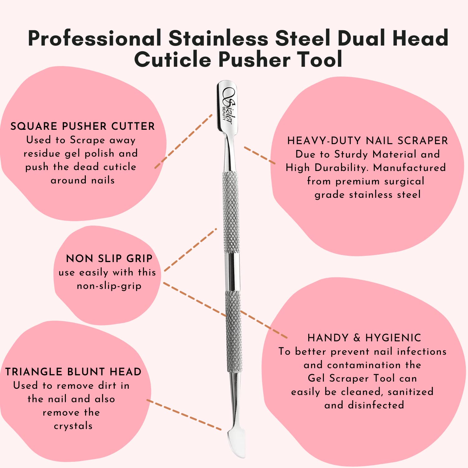 Premium Stainless Steel Dual Head Cuticle Pusher & Nail Art Tool - Double-Ended Manicure Instrument for UV Gel Polish Removal & Cuticle Trimming by Sizler Beauty | Perfect for Salon Professionals & At-Home Nail Care