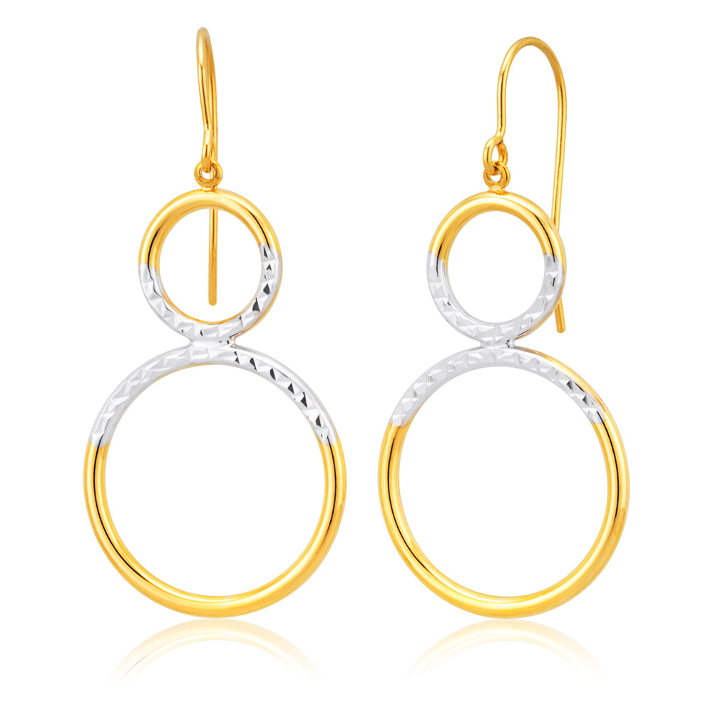 9ct Yellow Gold Silver Filled Fancy Double Ring Drop Earrings - Elegant Dangling Jewelry for Women, Perfect for Parties, Weddings & Special Occasions