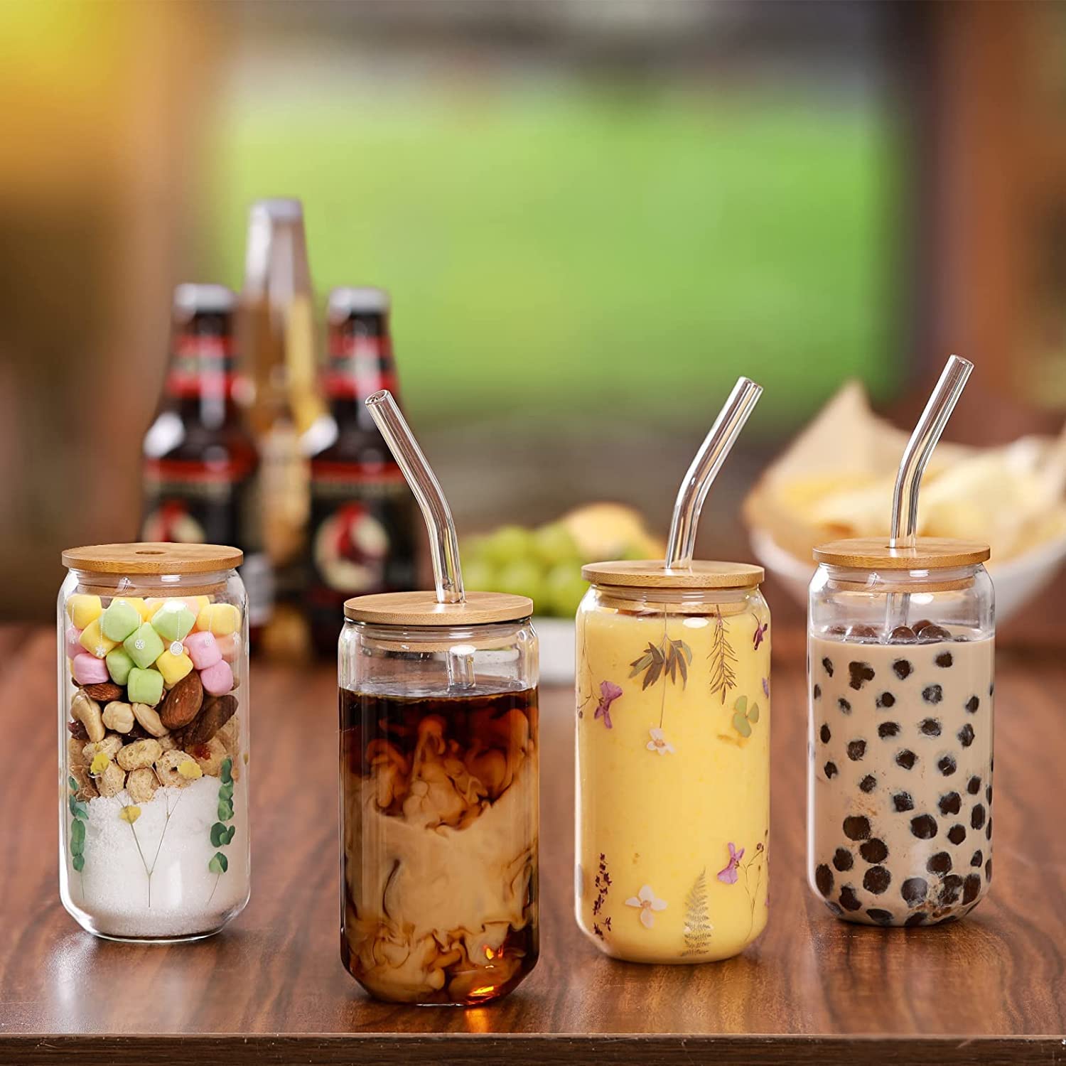 Hemoton 2-Pack 12oz Wide Mouth Mason Jars with Lids & Straws - Reusable Iced Coffee Cups & Cocktail Glasses - BPA-Free Transparent Silicone Sleeve & Bamboo Lid - Perfect for Cold Brew, Smoothies, Juices & Summer Drinks at Home, Office or Outdoor Parties