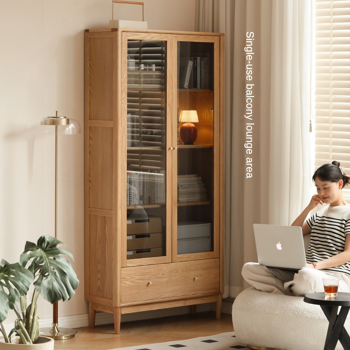 Oak Solid Wood Modern Glass Door Bookcase - Stylish Bookshelf for Living Room, Office & Library - Perfect for Home Decor & Book Storage