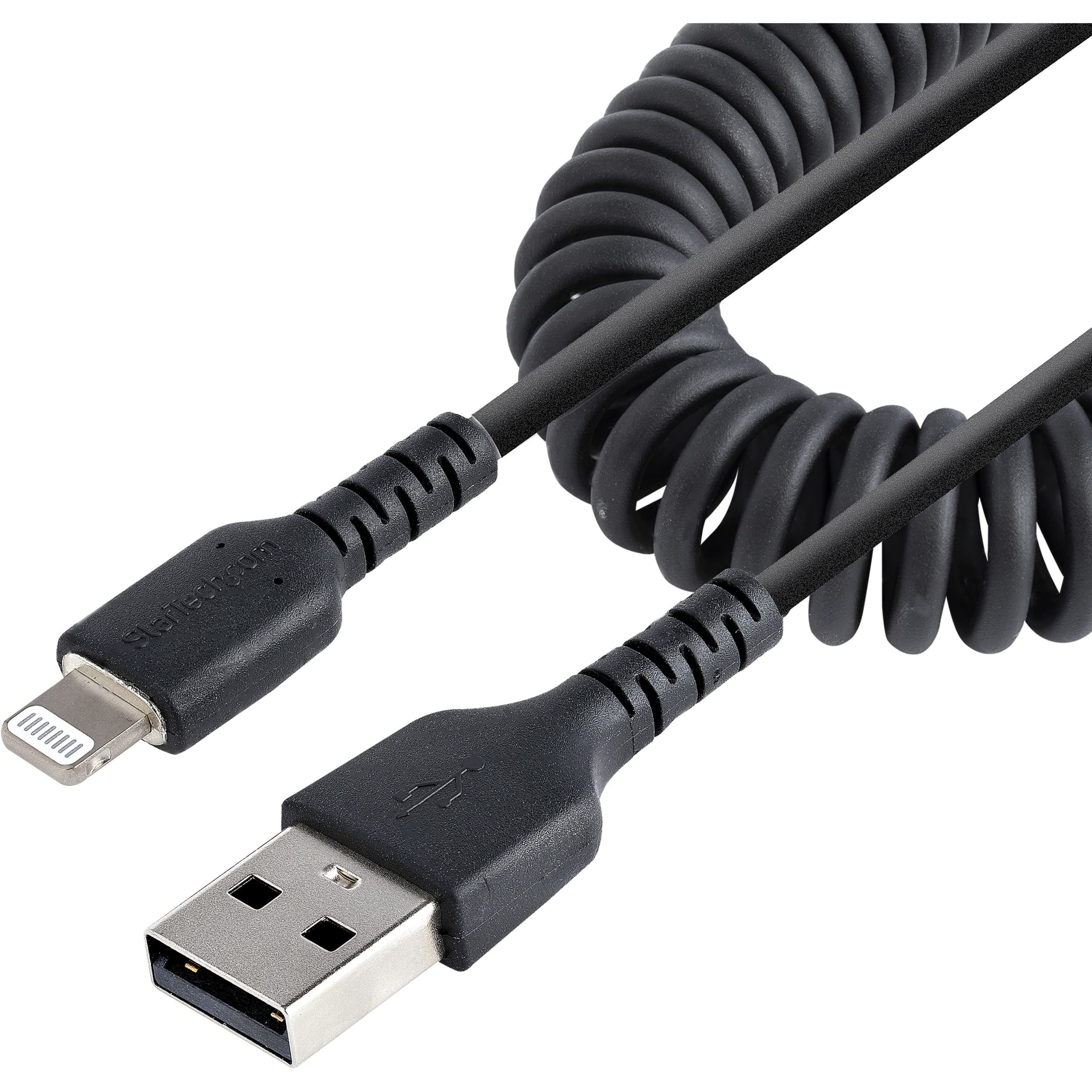 StarTech.com 20in USB to Lightning Cable MFi Certified - Coiled iPhone Charger Cable for iPhone 14/13/12/11/X/8/7 - Durable TPE Jacket & Aramid Fiber - Heavy Duty Coil Design - Perfect for Home, Office, Car Charging & Travel Accessories (RUSB2ALT50CMBC)