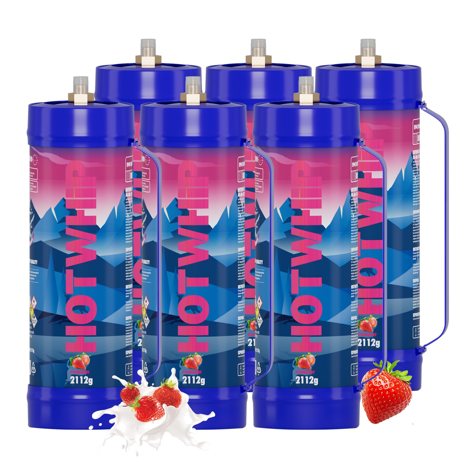 Premium 3.3L Whipped Cream Charger (2112g) - Food Grade Stainless Steel Cylinders with Strawberry Flavor & Nozzle - 6 Pack for Desserts, Coffee Toppings & Baking Decorations