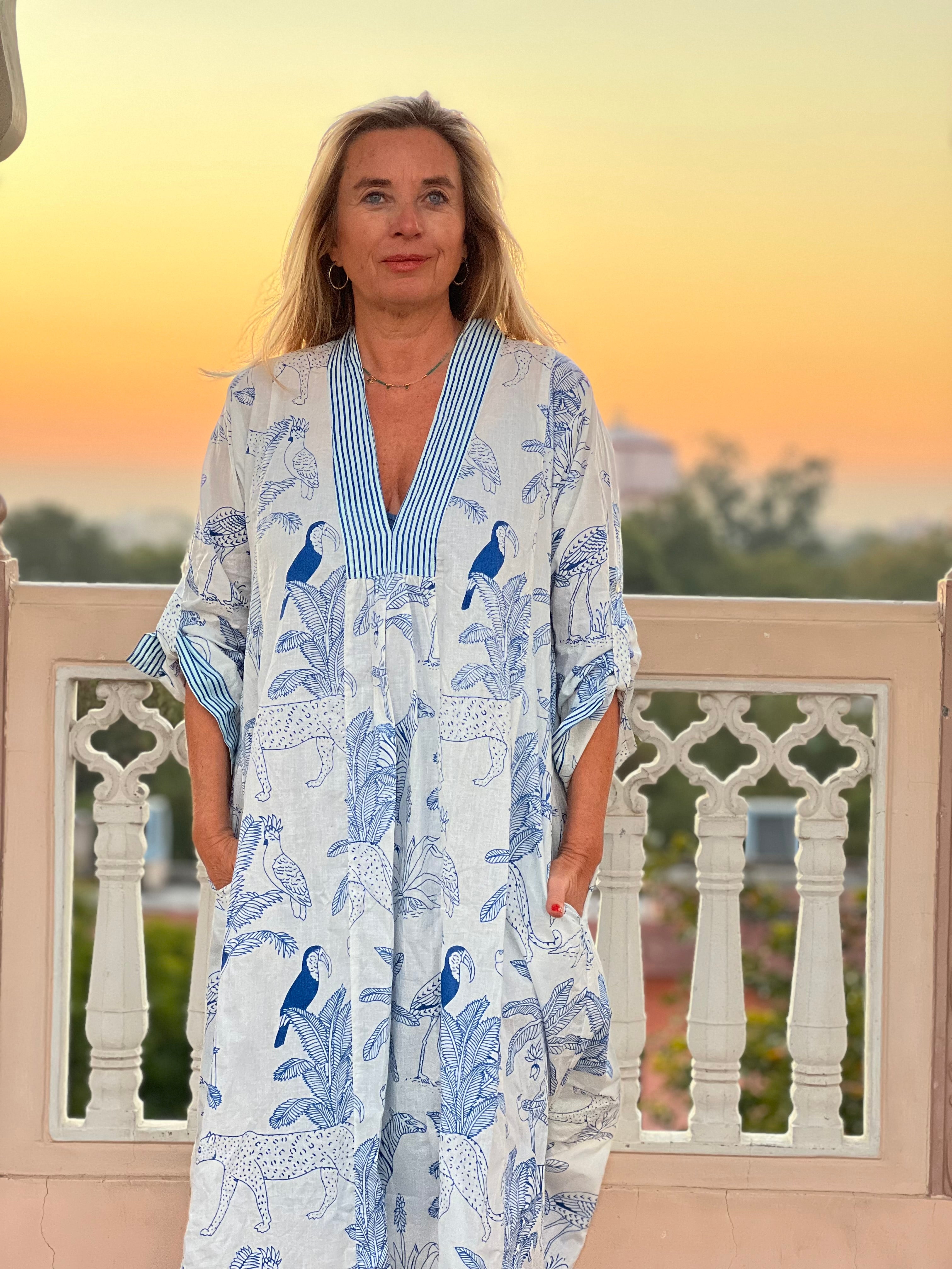 Boho Beautiful Long Kaftan Dress - Martha Jungle Life Blue Flowy Maxi Cover Up | Perfect for Beach Vacations, Pool Parties & Summer Festivals
