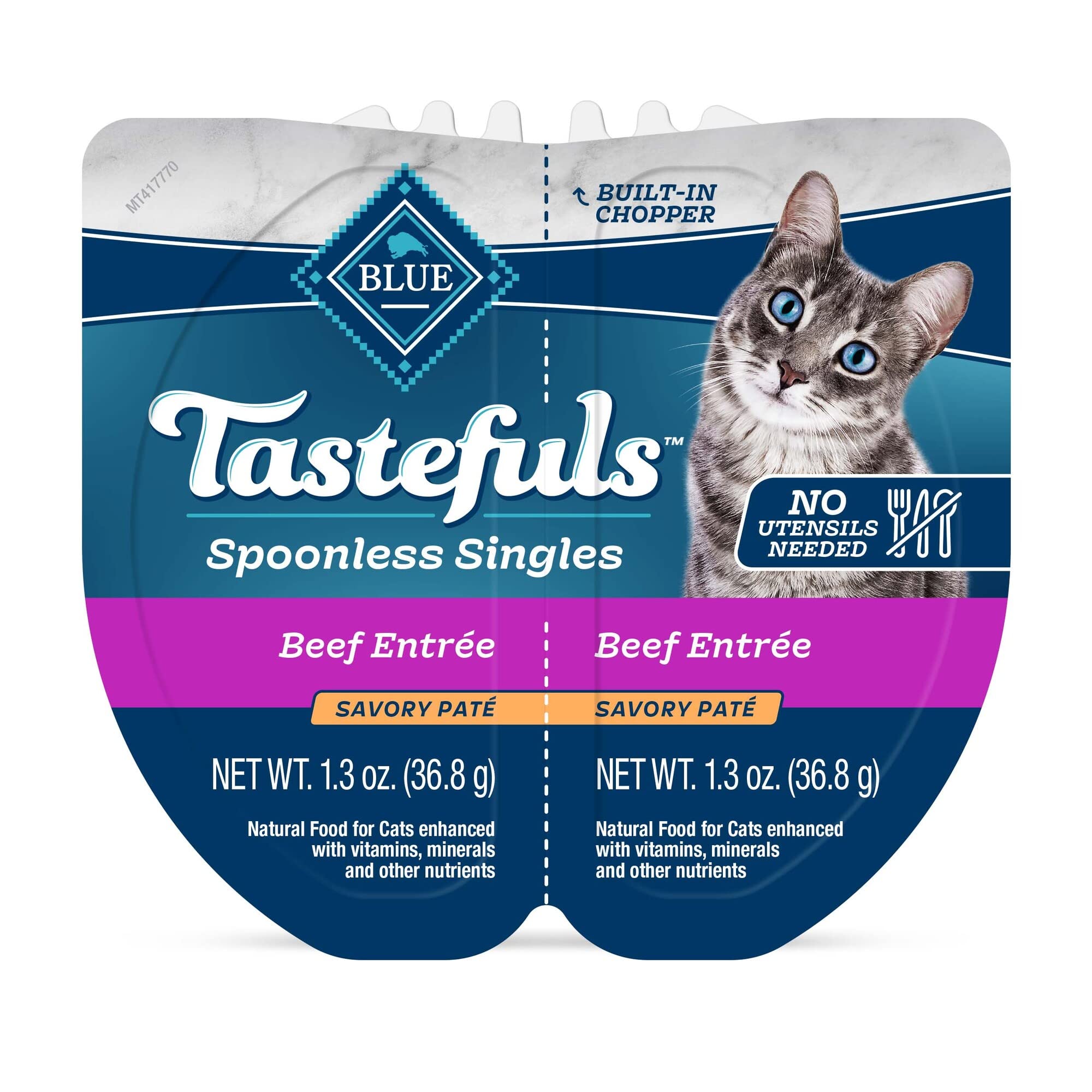Blue Buffalo Tastefuls Spoonless Singles Natural Wet Cat Food Paté - Beef Entreé, 2.6-oz Twin-Pack Trays (24 Count) | Grain-Free Wet Cat Food for Adult Cats | Perfect for Travel, Quick Meals & Picky Eaters