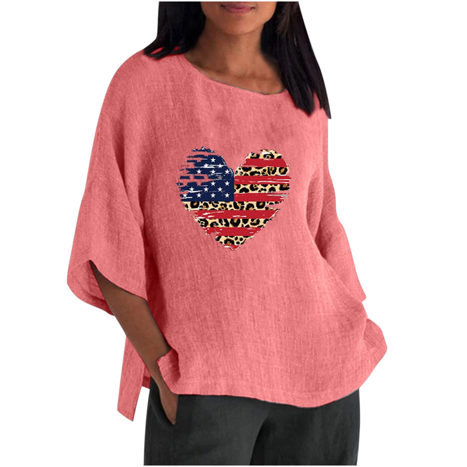 Women's Cotton Linen Blouse - 3/4 Sleeve Round Neck Tunic Top for Summer | Casual Loose Fit Plus Size Shirt | Perfect for Beach, Office & Everyday Wear