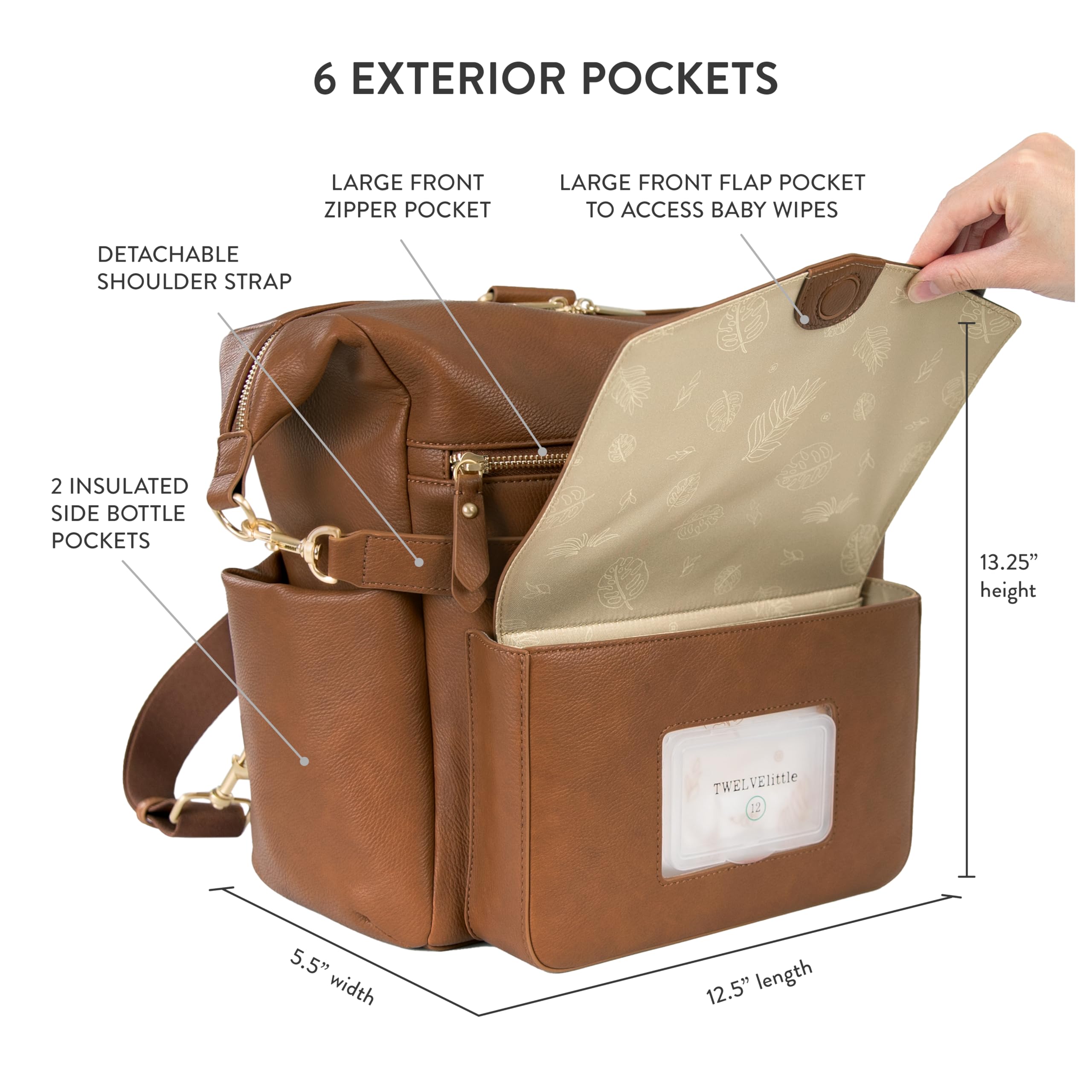 TWELVElittle Peek A Boo Convertible Hobo Diaper Bag Backpack with Changing Pad, Wipes Case & Stroller Clips - Vegan Leather Toffee - Perfect for Moms, Travel & On-the-Go Baby Care