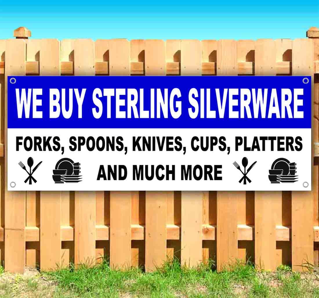 Premium 13 oz Sterling Silverware Banner - Heavy-Duty Vinyl with Metal Grommets | Single-Sided Silverware Sign for Retail Stores, Jewelry Shops & Precious Metal Dealers | Perfect for Storefront Displays, Trade Shows & Silverware Promotions