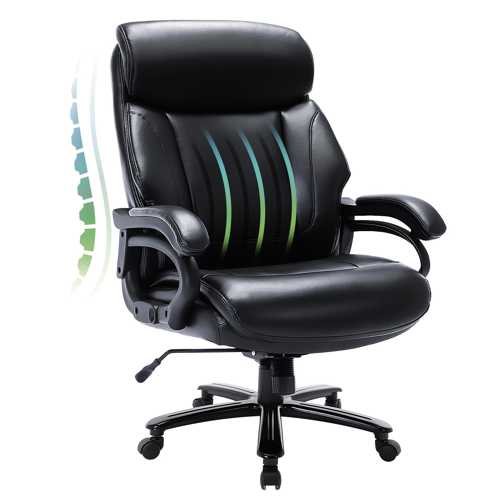 Heavy Duty Big and Tall Office Chair 400lbs - Extra Wide Seat Executive Desk Chair with High Back Ergonomic Support - Leather Computer Chair with Tilt Rock & Tension Control, Padded Armrests - Black - Perfect for Home Office, Gaming, and Long Work Sessions