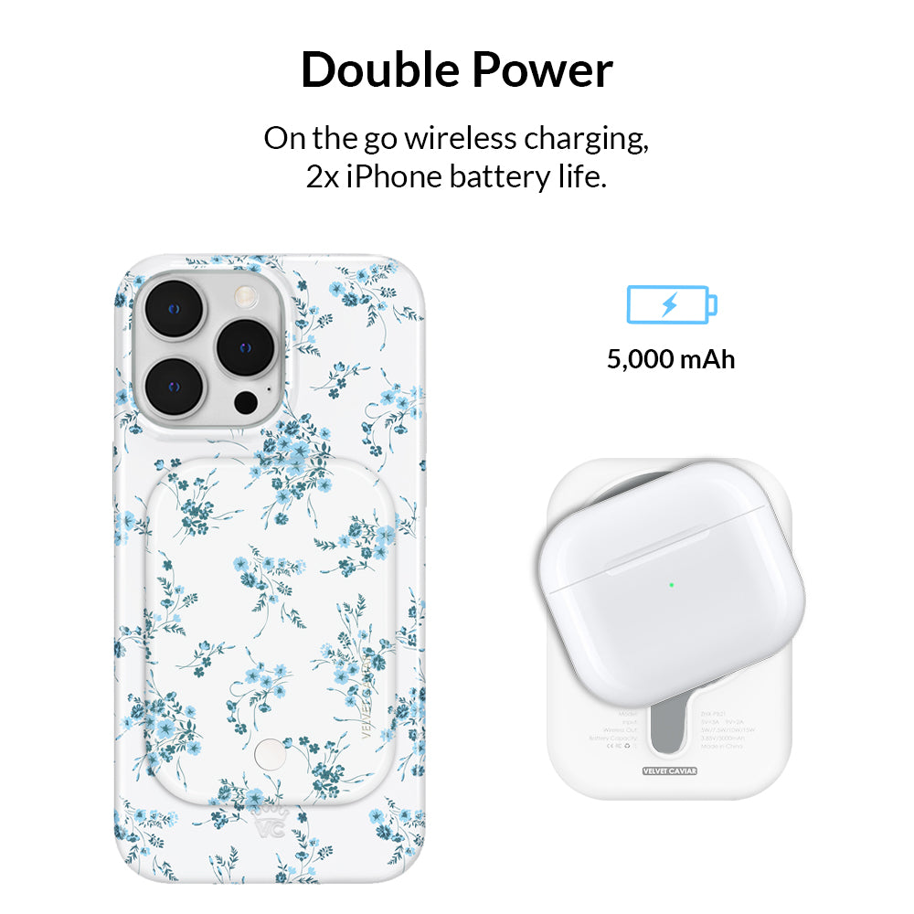 French Blue Floral MagSafe Battery Pack - 10000mAh Portable Charger for iPhone 12/13/14/15 - Perfect for Travel, Work & Outdoor Adventures